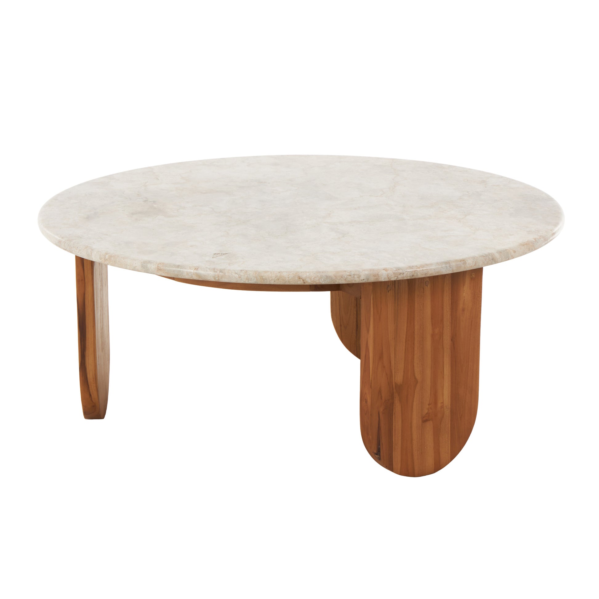 Brown Teak Wood Handmade Living Room Coffee Table with Beige Marble Tabletop