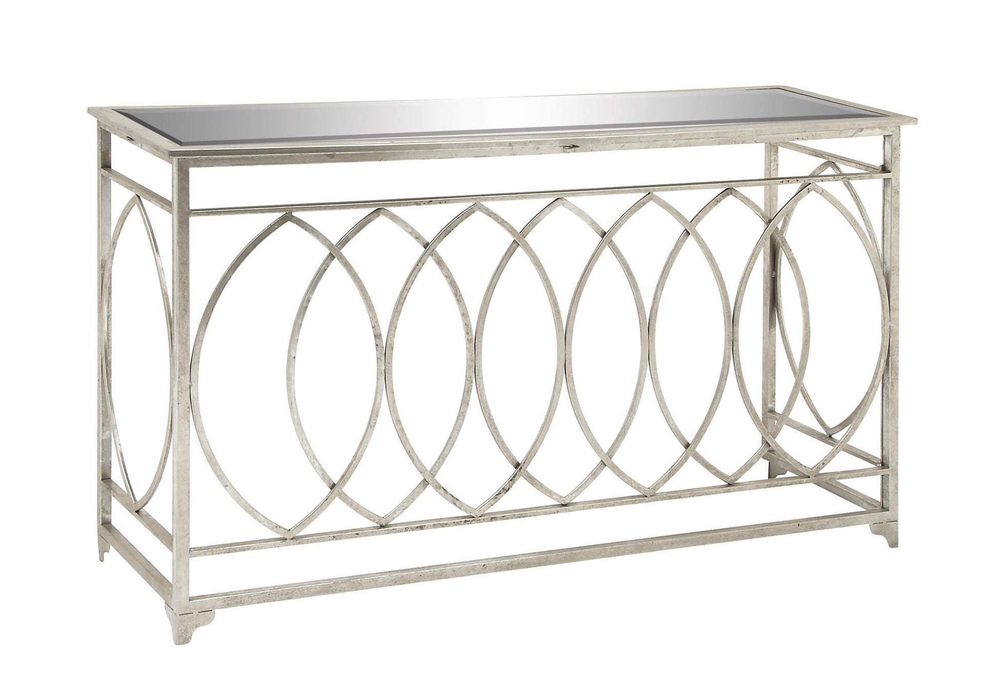 Geometric Silver Metal Rectangular Living Room Console Table with Mirrored Glass Top