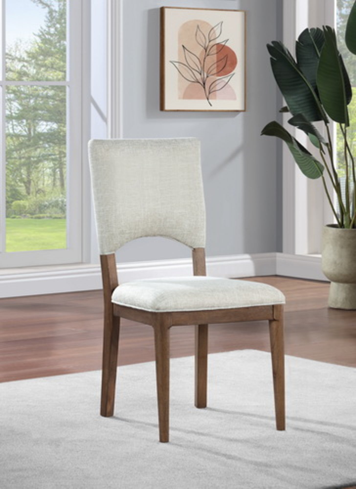 Set of 2 Cream Fabric Cutout Back Kitchen Dining Chair with Brown Wooden Legs