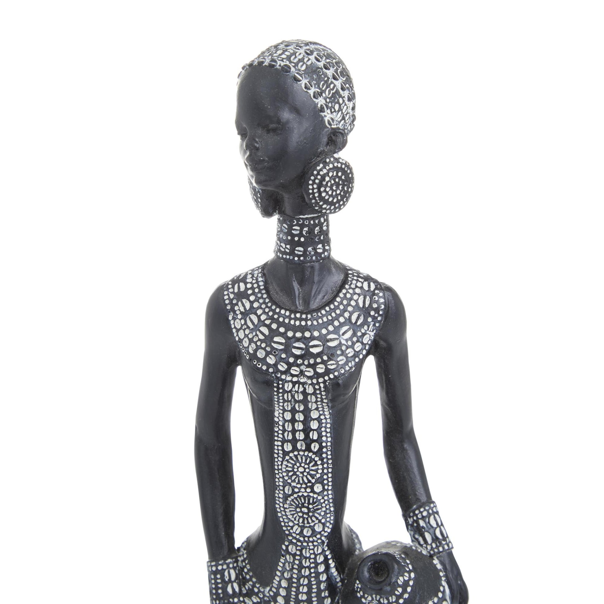 Set of 2 Woman Black Polystone Standing African Decorative Sculpture with Intricate Details