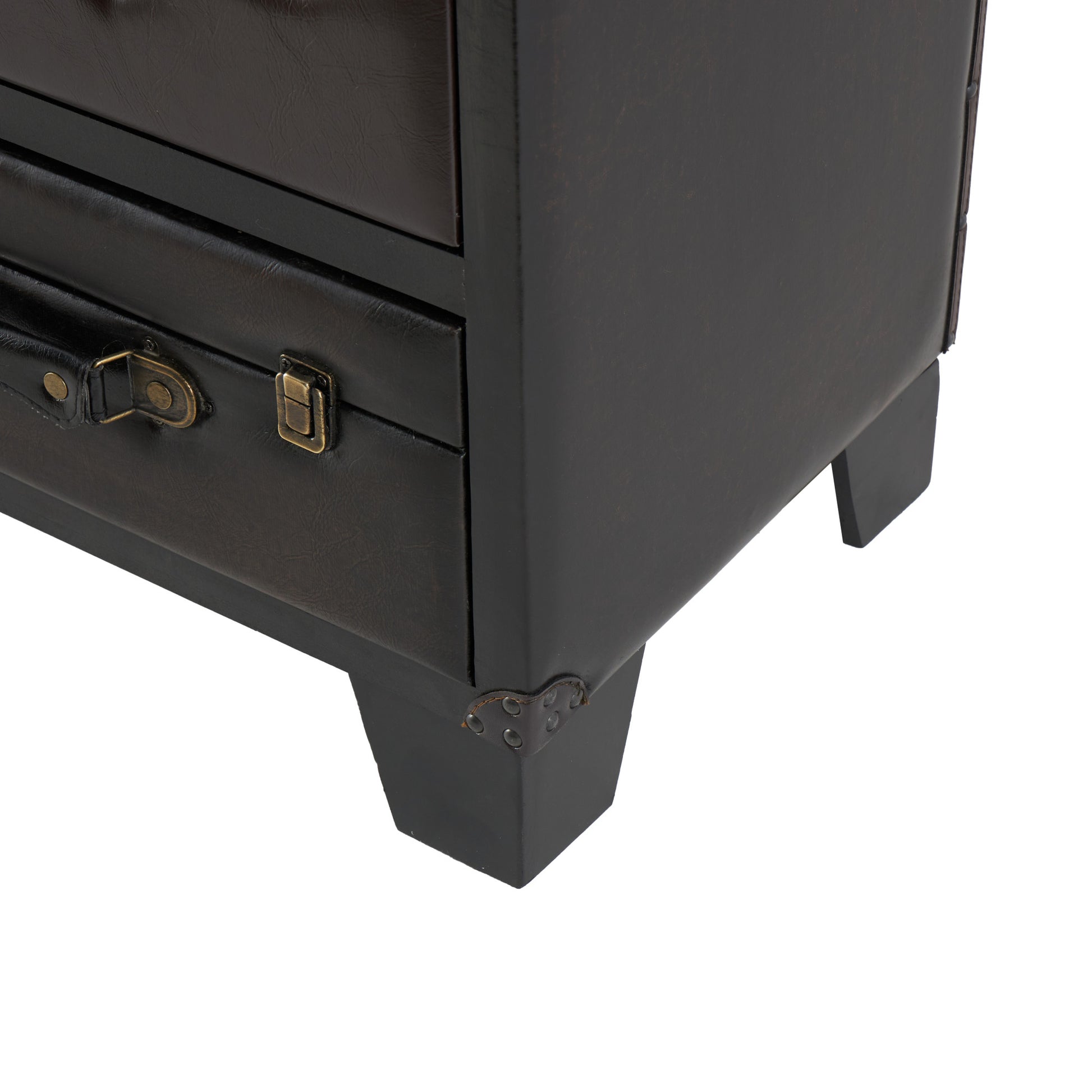 Dark Brown Faux Leather Vintage Faux Leather 3 Drawer Room Chest with Gold Buckle and Strap Accents