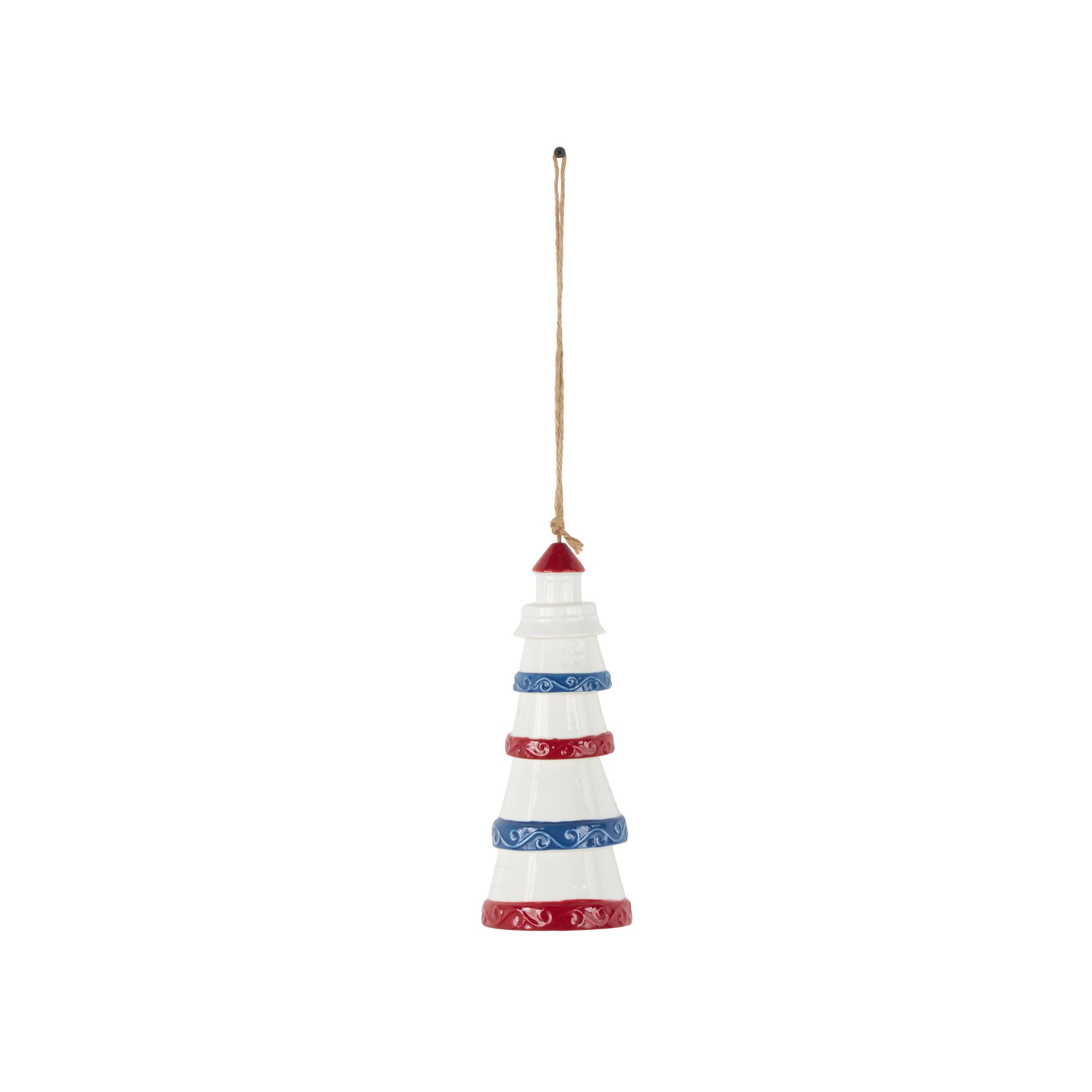 Light House White Ceramic Indoor Outdoor Windchime with Brown Rope and Blue and Red Accents