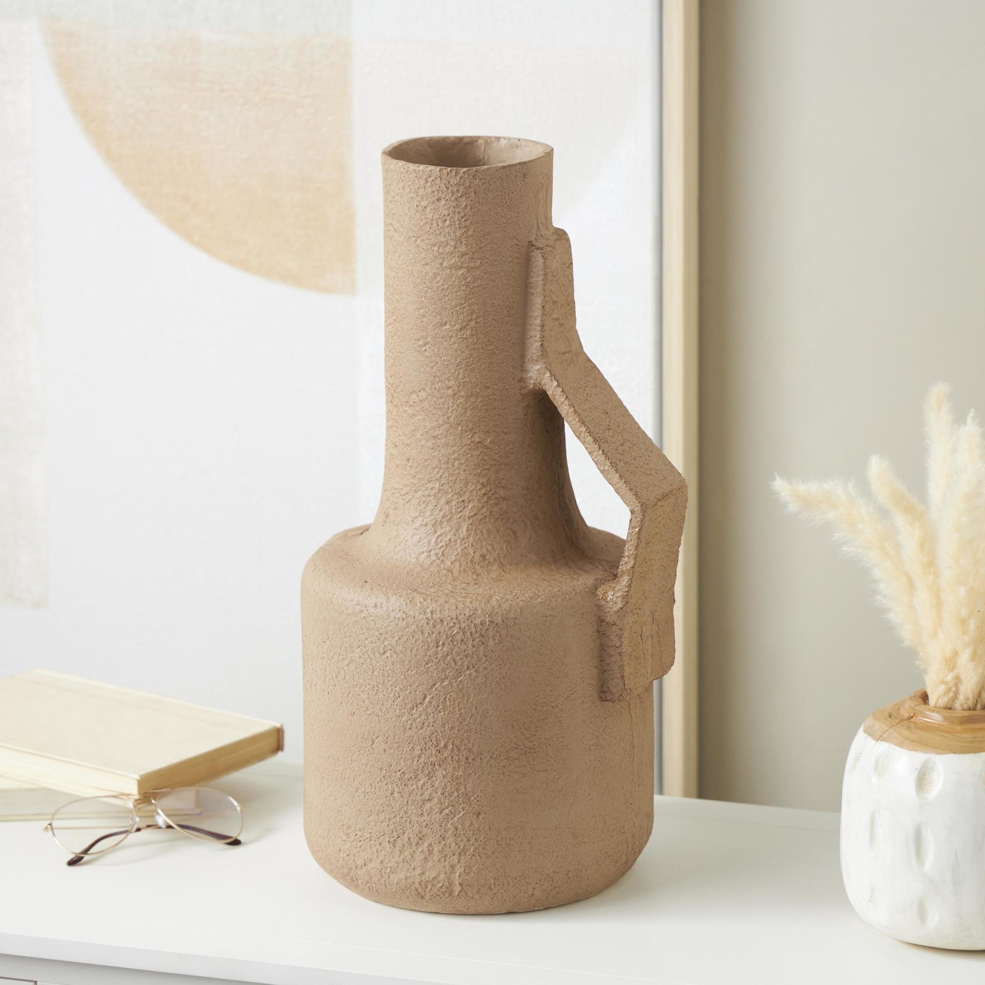Abstract Brown Paper Mache Distressed Textured Decorative Vase with Triangular Handle