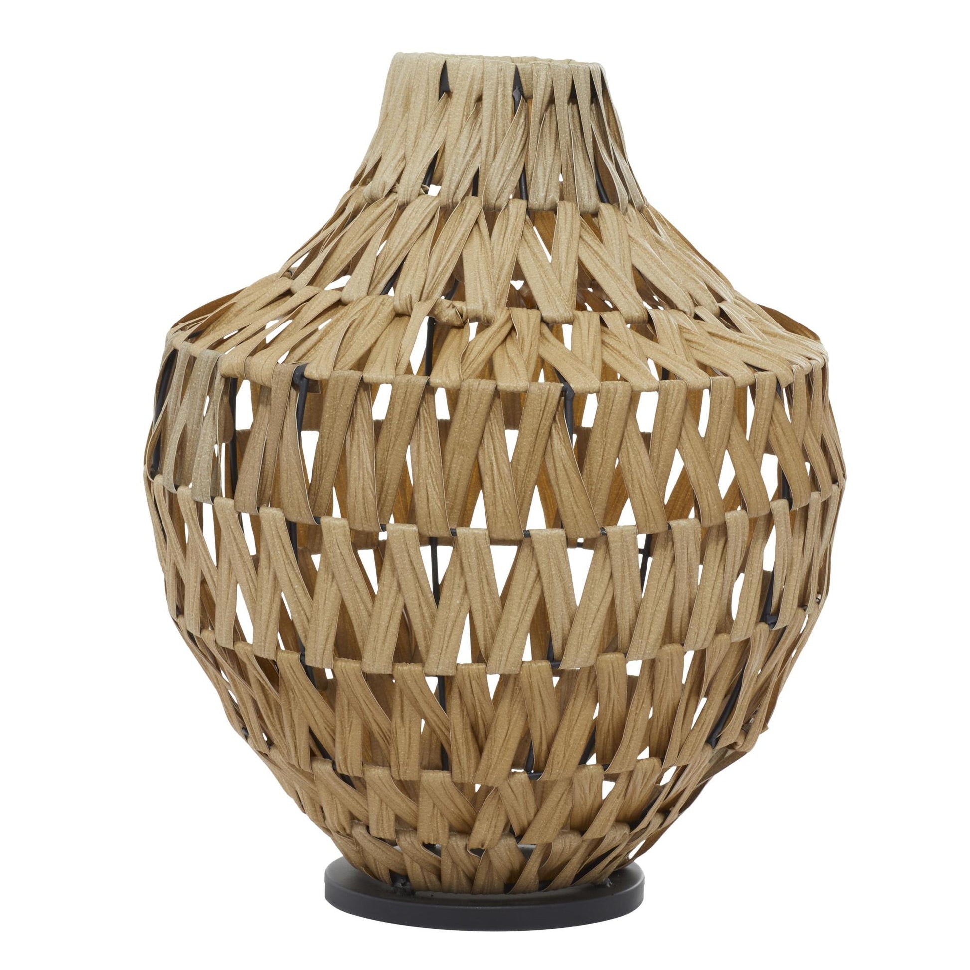 Brown Plastic Rattan Handmade Woven Decorative Vase with Black Metal Base