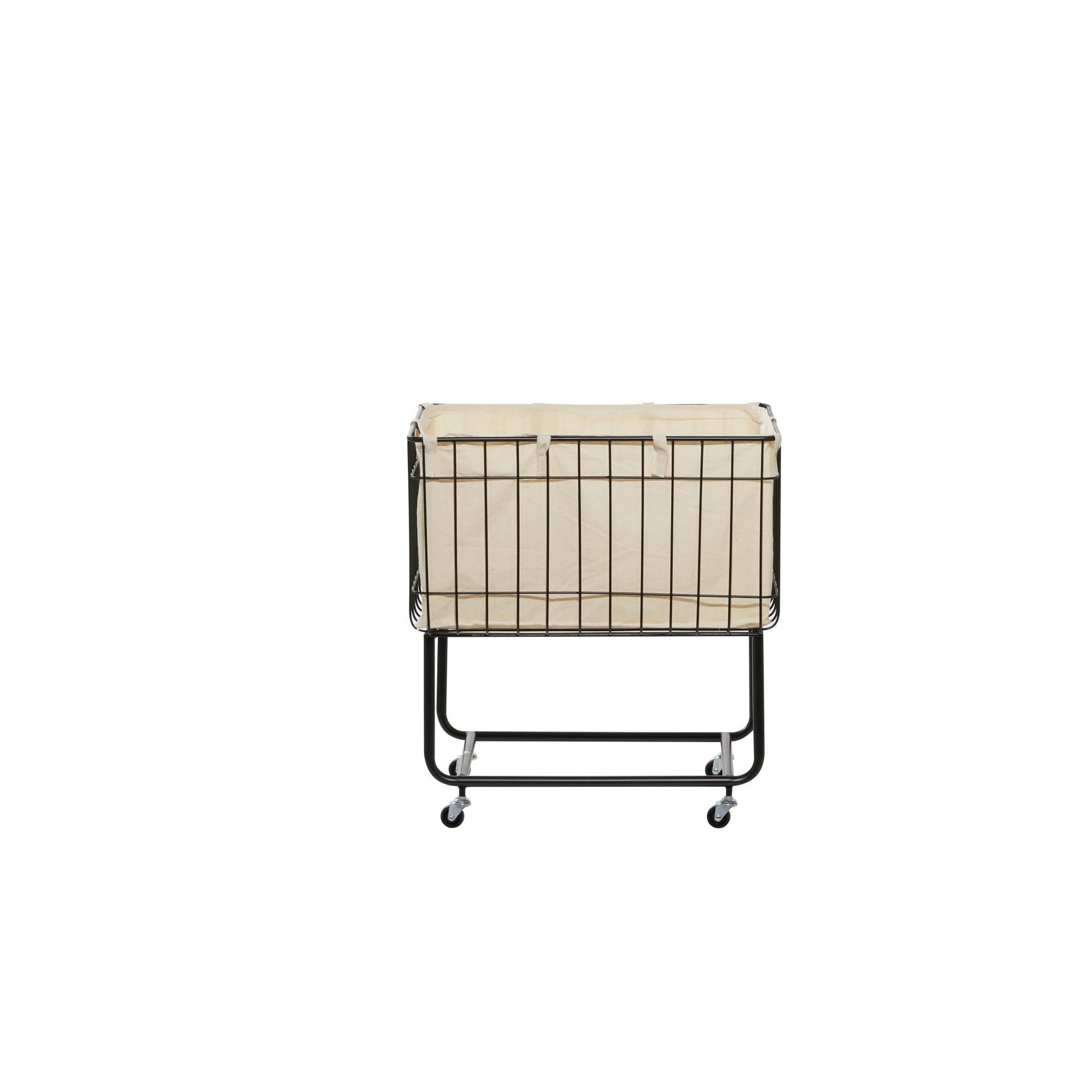 Black Metal Deep Set Wire Basket Mobile Storage Cart with Wheels and Fabric Lining