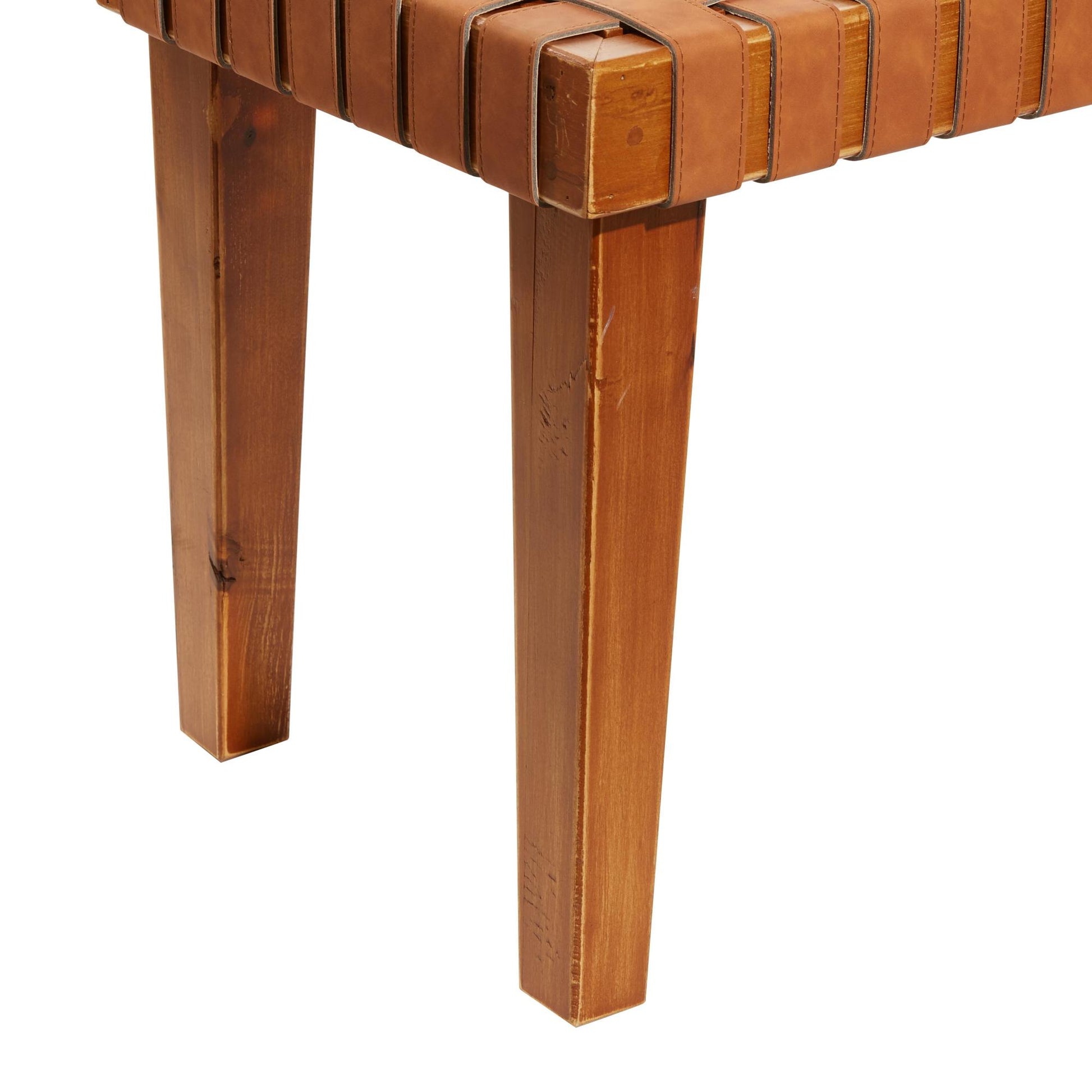 Brown Faux Leather Handmade Woven Home Bench with Wood Frame