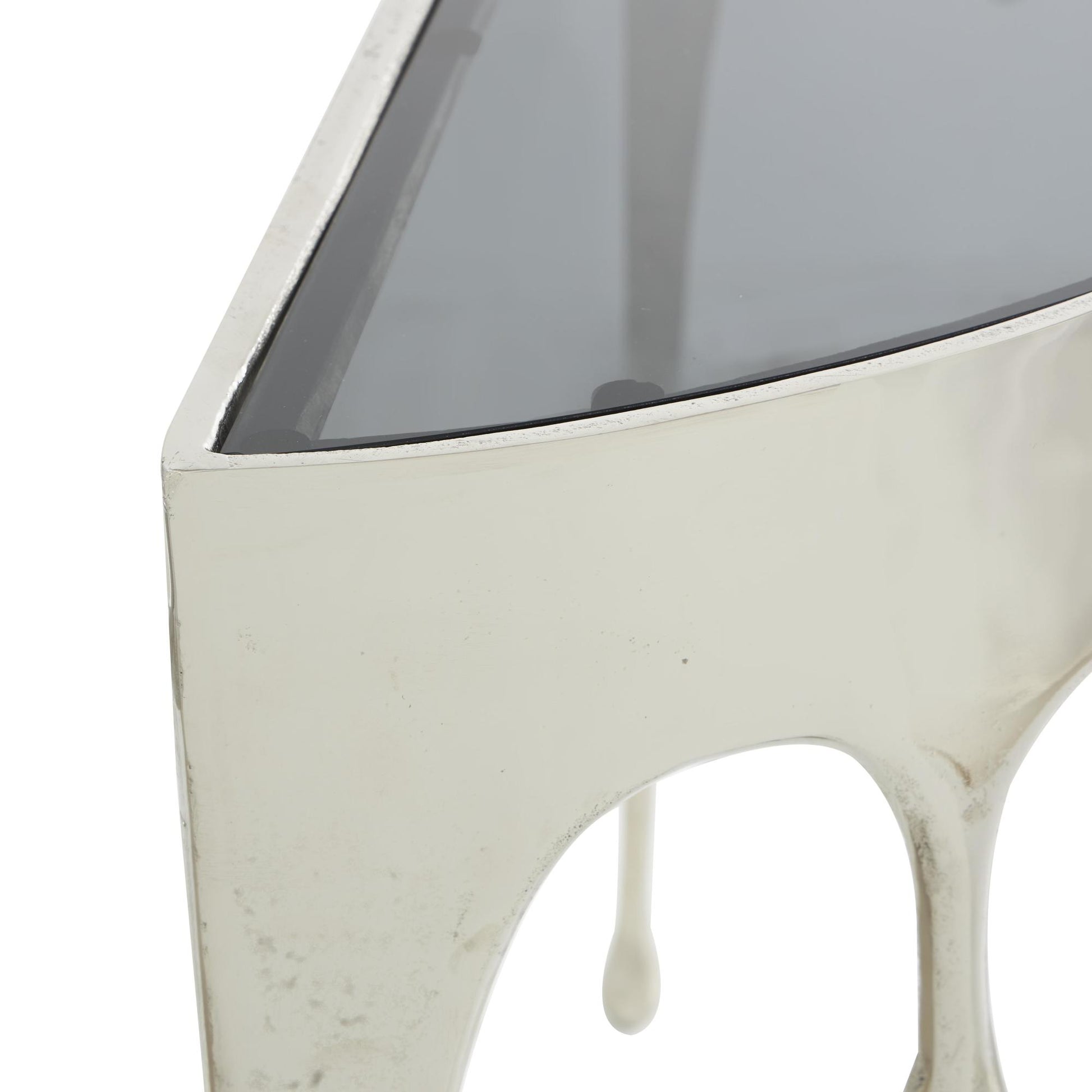 Abstract Aluminum Metal Crescent Drip Living Room Console Table with Melting Design Legs and Glass Top