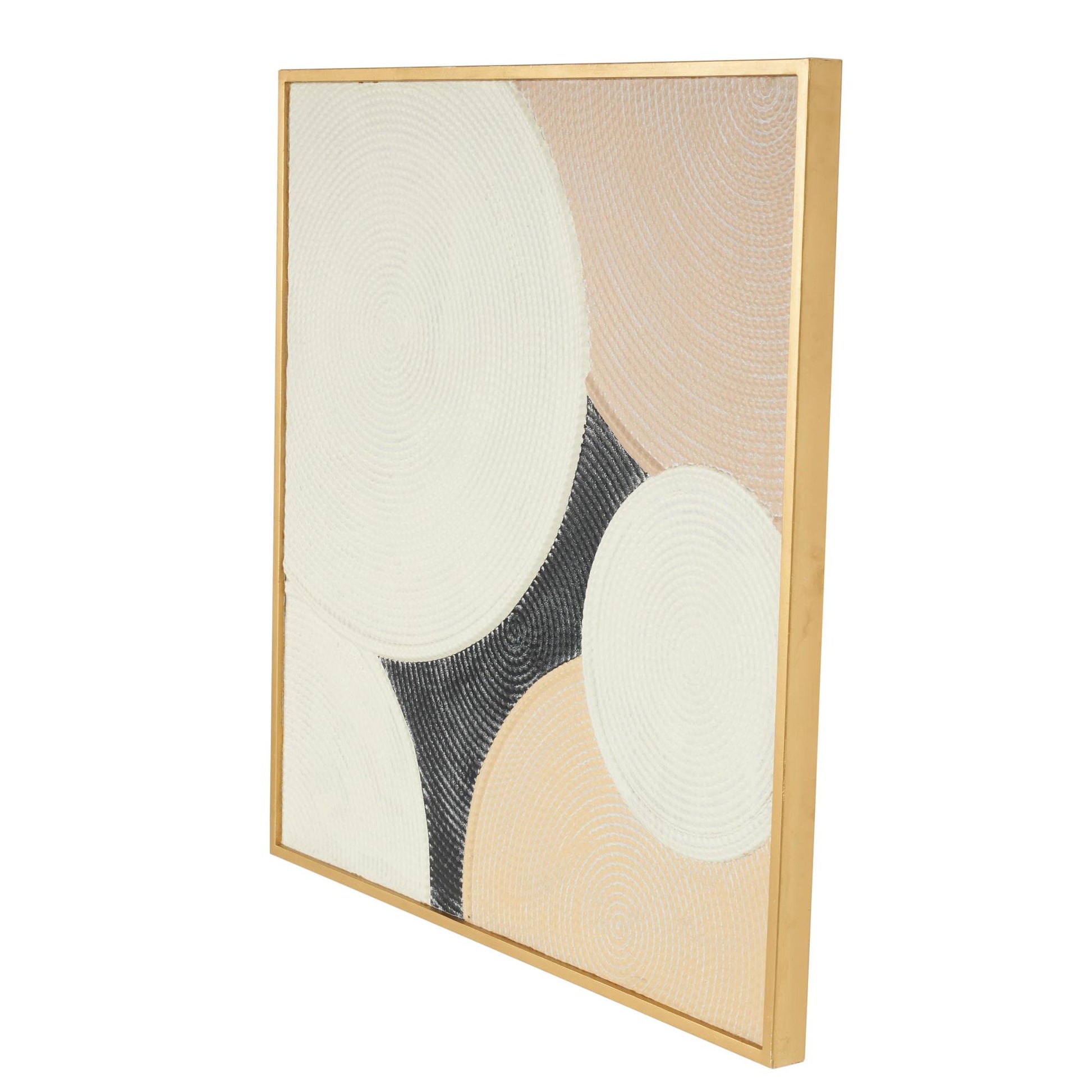 Geometric Cream Metal Textured Living Room Framed Wall Art with Overlapping Circles and Gold Frame