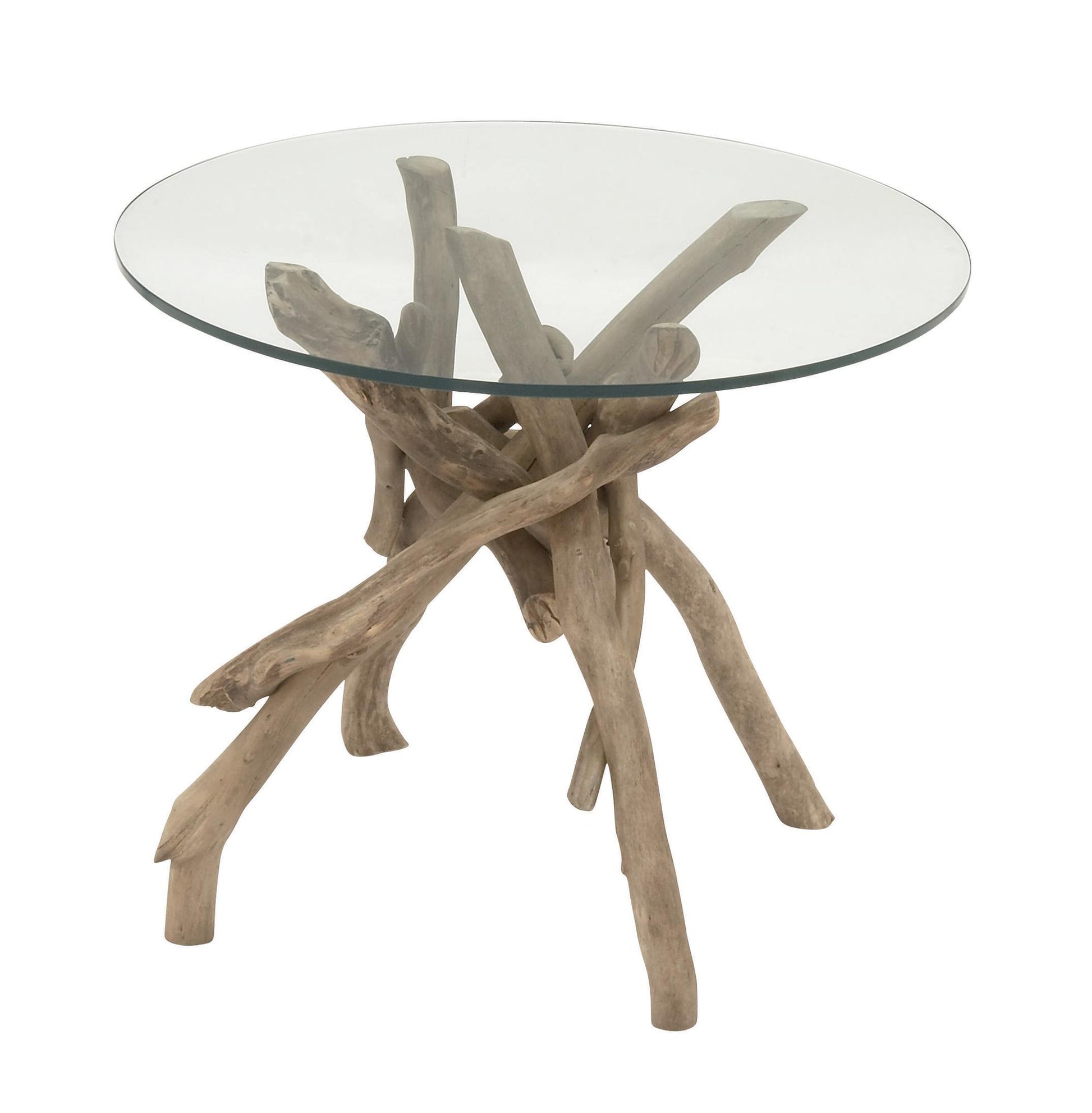 Brown Wood Handmade Tree Branch Side End Accent Table with Clear Glass Top