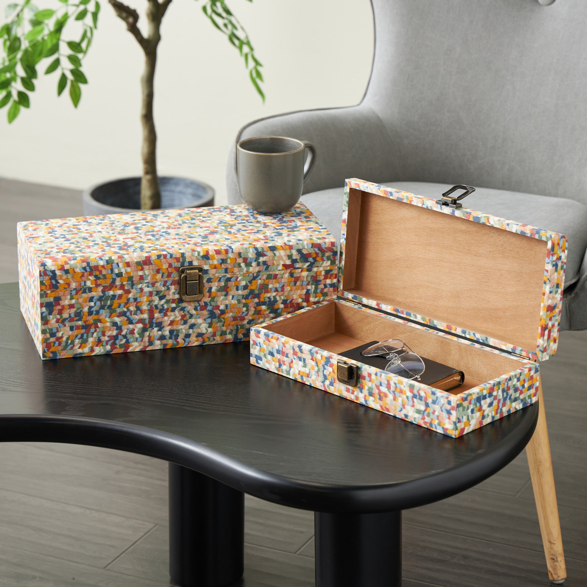 Set of 2 Fabric Handmade Storage Decorative Box with Bronze Latches