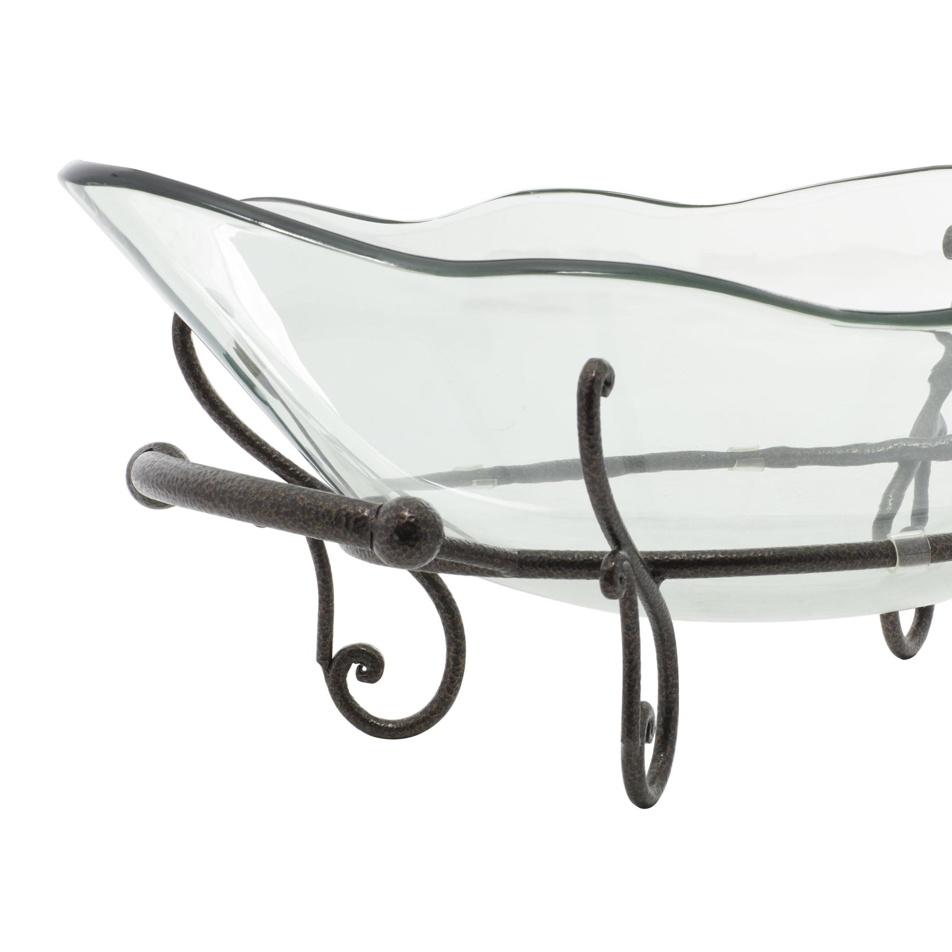 Kitchen Clear Tempered Glass Scalloped Edge Decorative Serving Bowl with Bronze Metal Scroll Stand