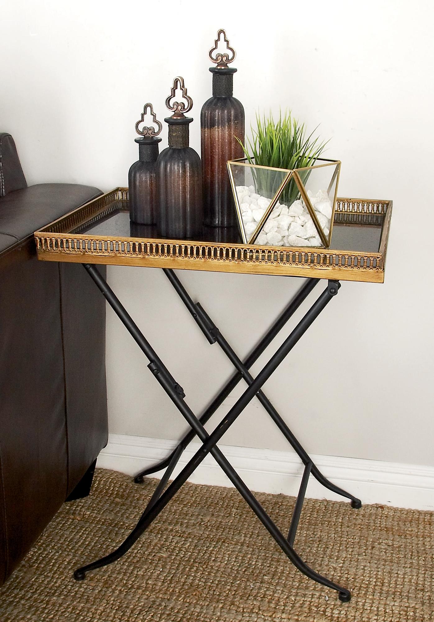 Brass Metal Side End Accent Table with Black Marble Tray Top and Metal Folding Legs