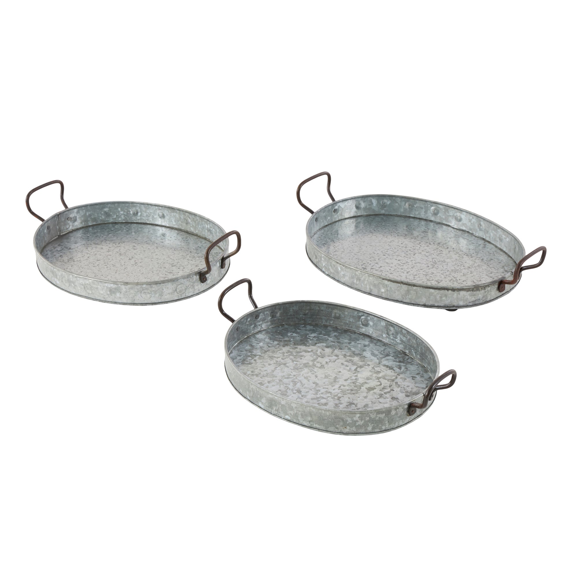Set of 3 Gray Metal Galvanized Oval Living Room Decor Tray with Rust Handles