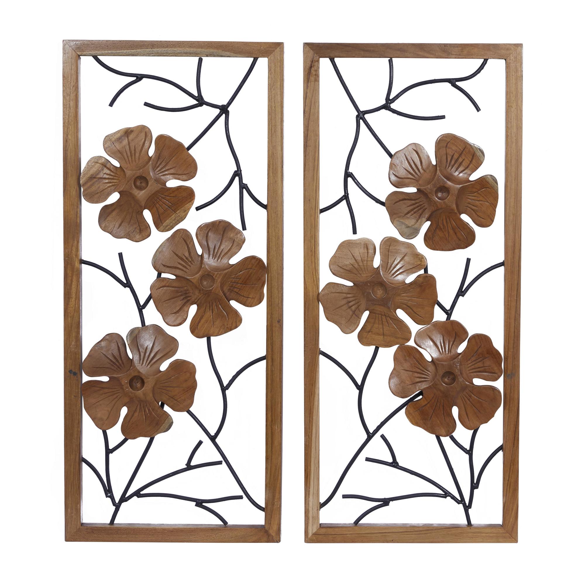 Set of 2 Floral Brown Teak Wood Handmade Framed Carved Home Wall Decor with Metal Wire
