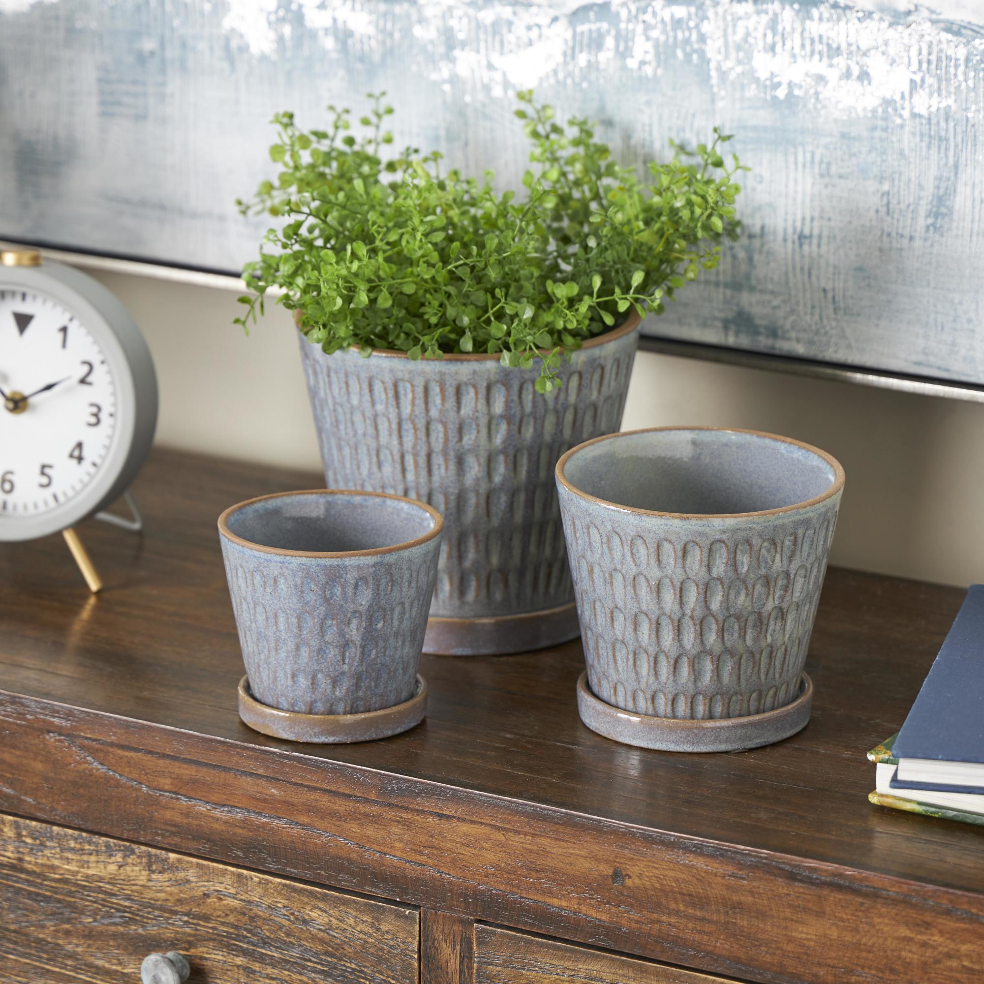 Set of 3 Geometric Blue Ceramic Oval Patterned Indoor Outdoor Planter with Brown Accents and Base Tray