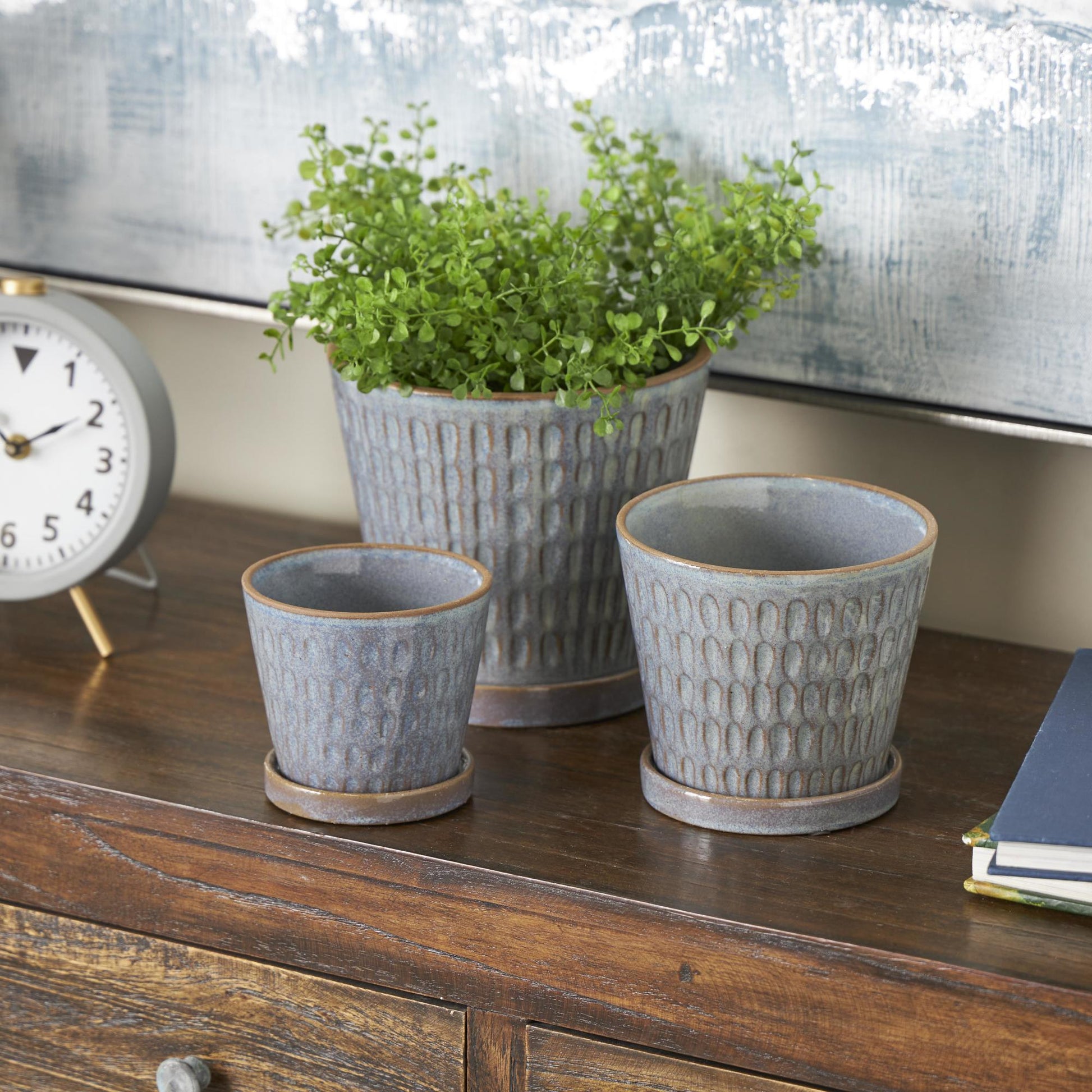 Set of 3 Geometric Blue Ceramic Oval Patterned Indoor Outdoor Planter with Brown Accents and Base Tray