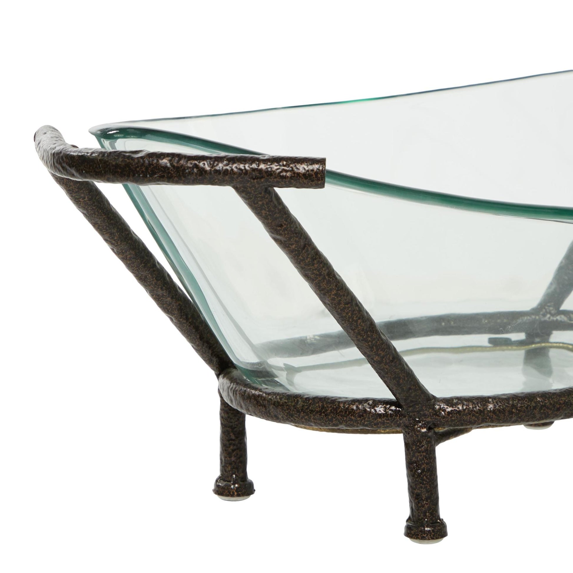 Kitchen Clear Tempered Glass Decorative Serving Bowl with Brown Metal Base