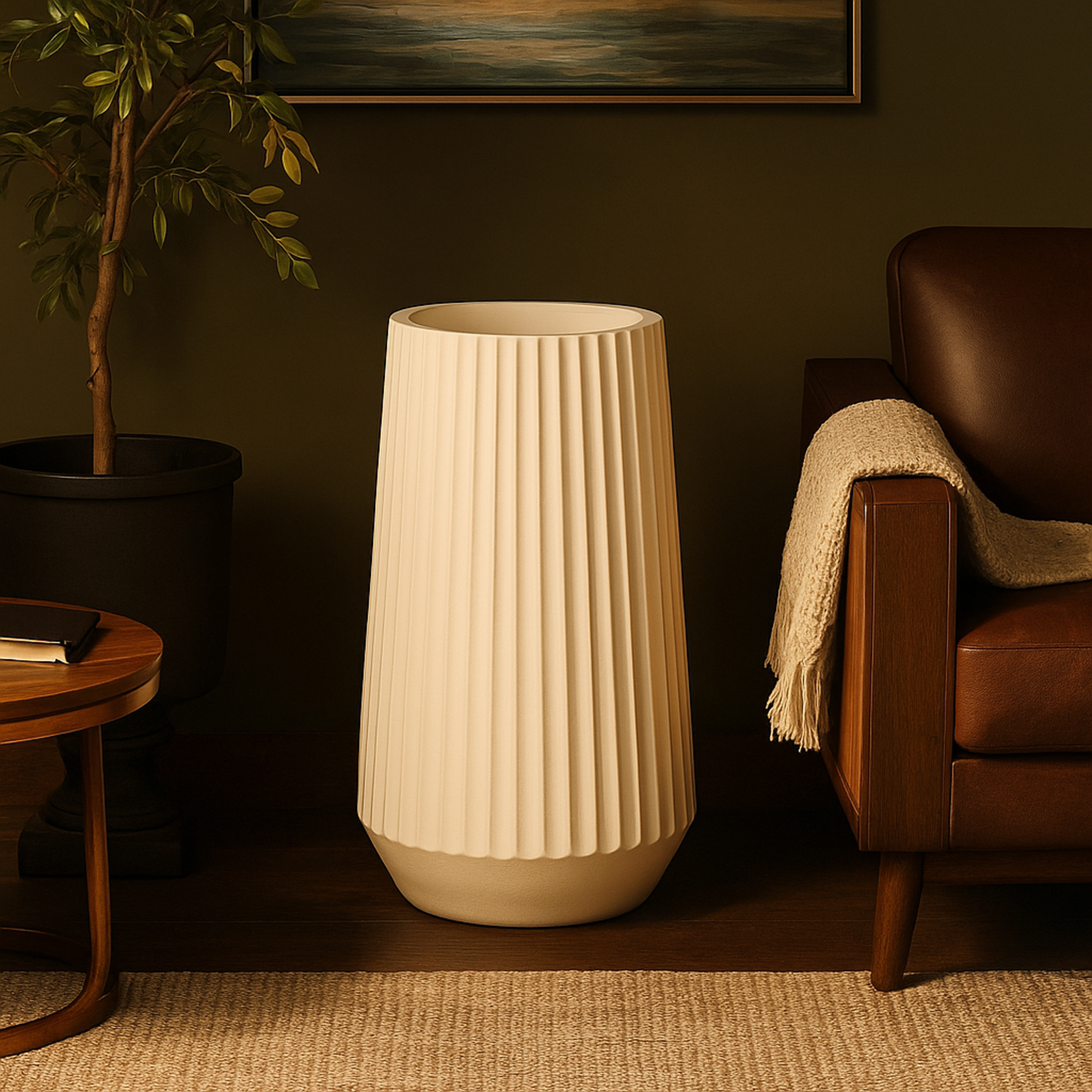 White Resin Large Ribbed Floor Decorative Vase