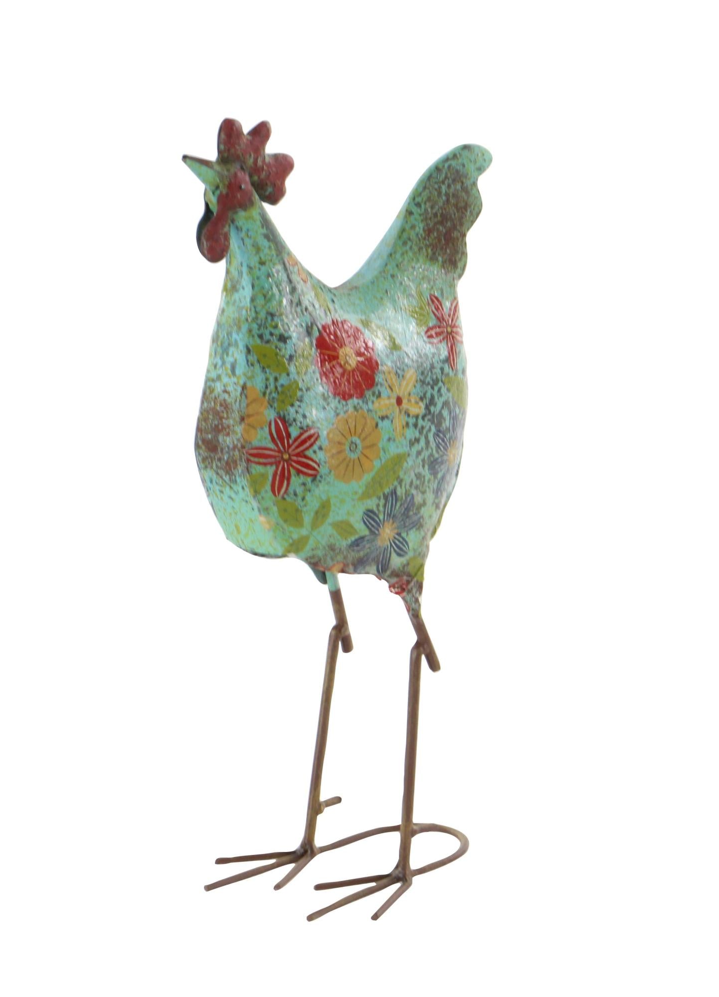 Rooster Metal Indoor Outdoor Distressed Standing Decorative Garden Sculpture with U Shaped Feet