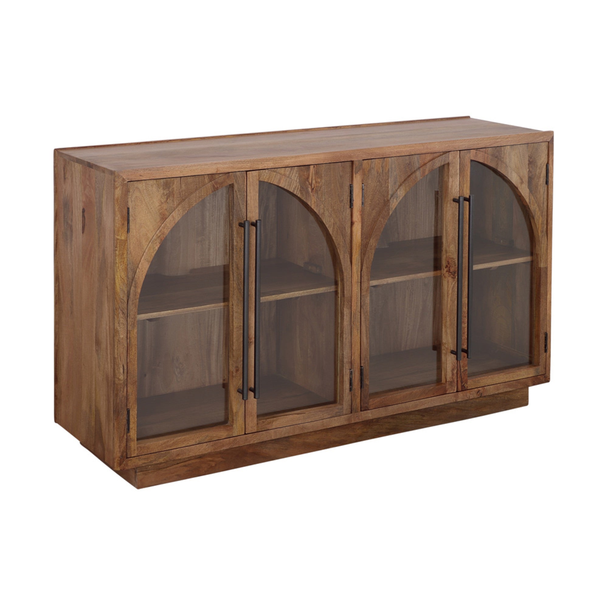 Brown Mango Wood Arched Glass Front 4 Door and 2 Shelf Media Credenza Sideboard with Extended Black Rod Handles