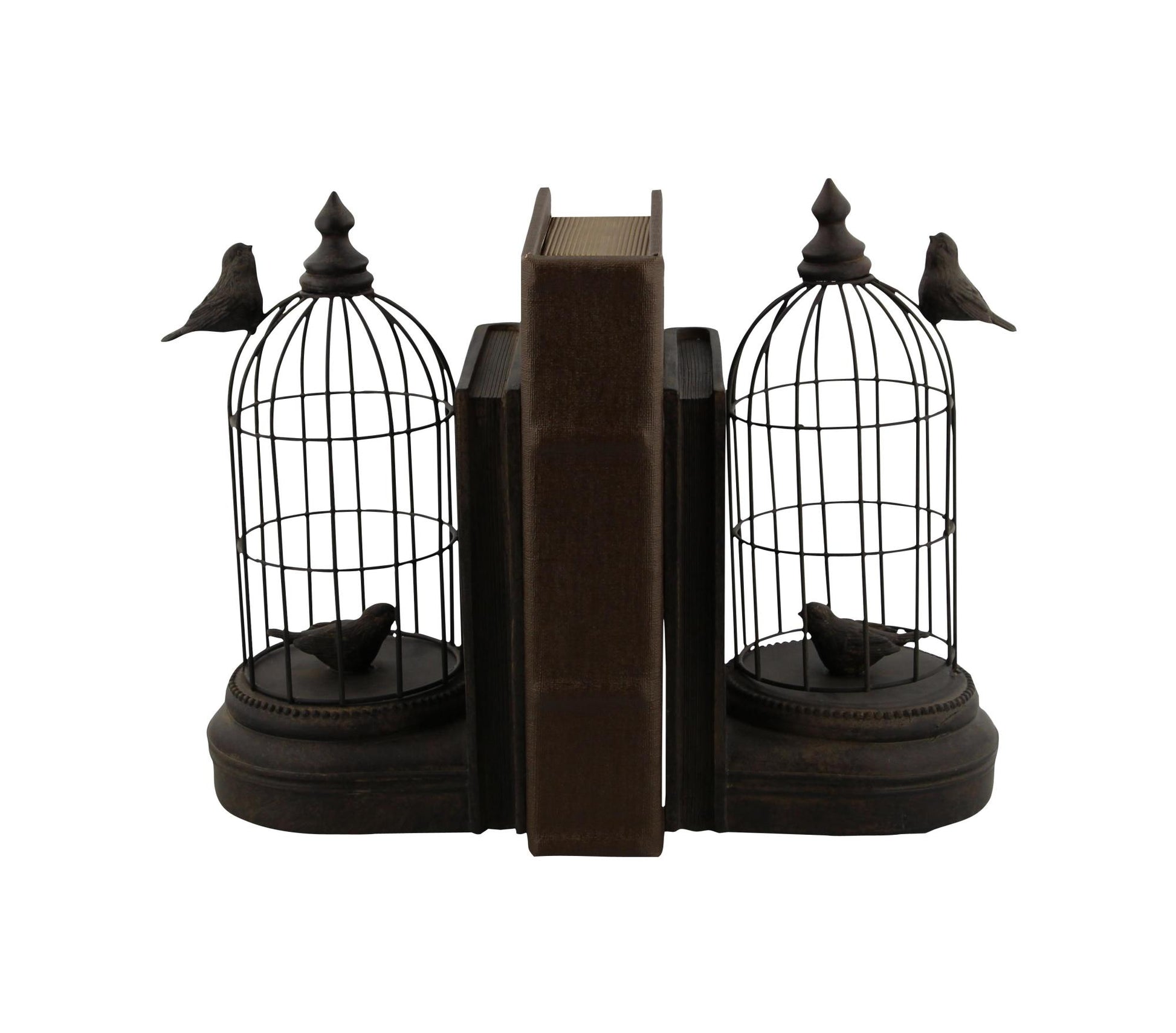 Set of 2 Bird Black Metal Decorative Bookends with Cages