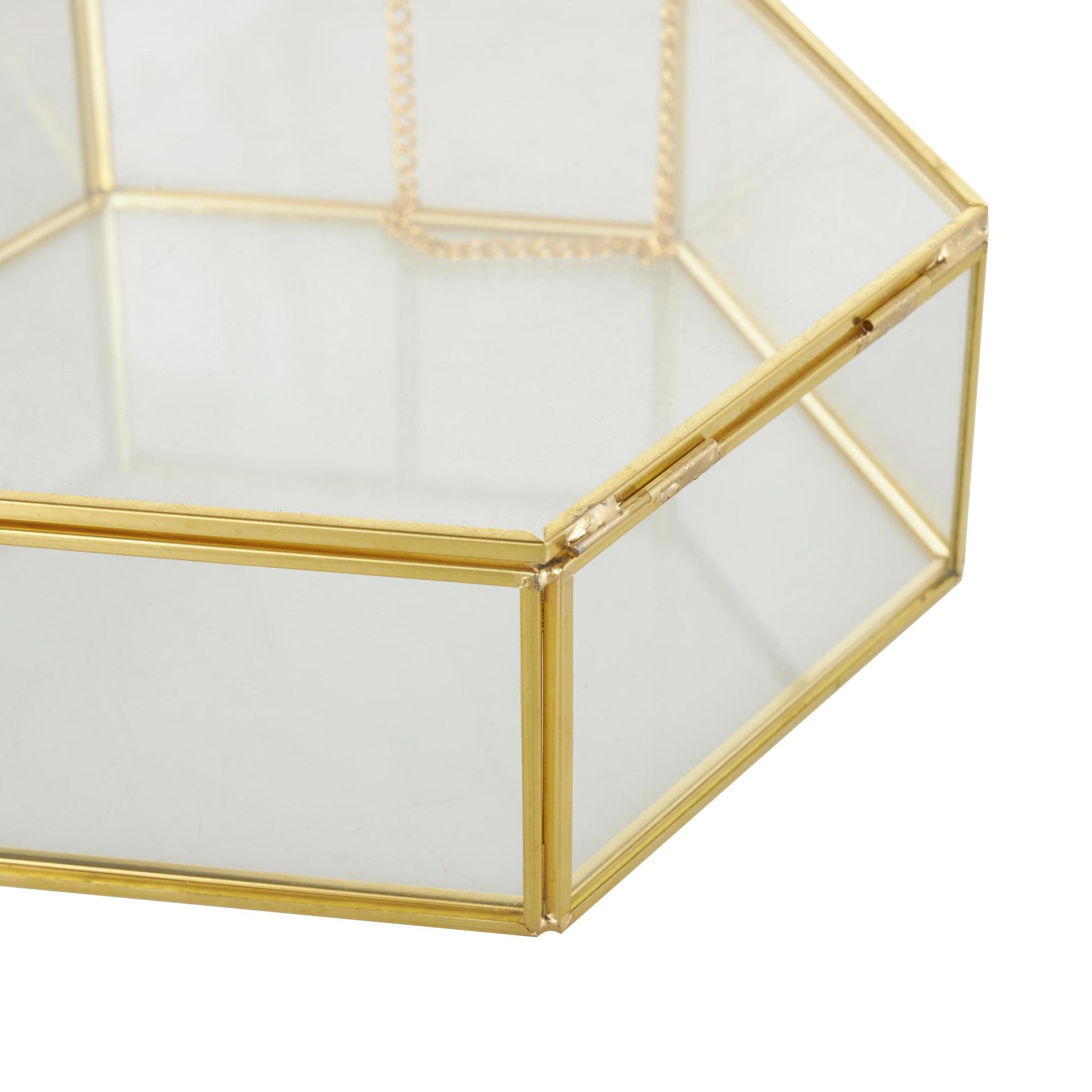 Set of 2 Geometric Clear Glass Hexagon Decorative Jewelry Box with Gold Metal Frame and Chain Accent