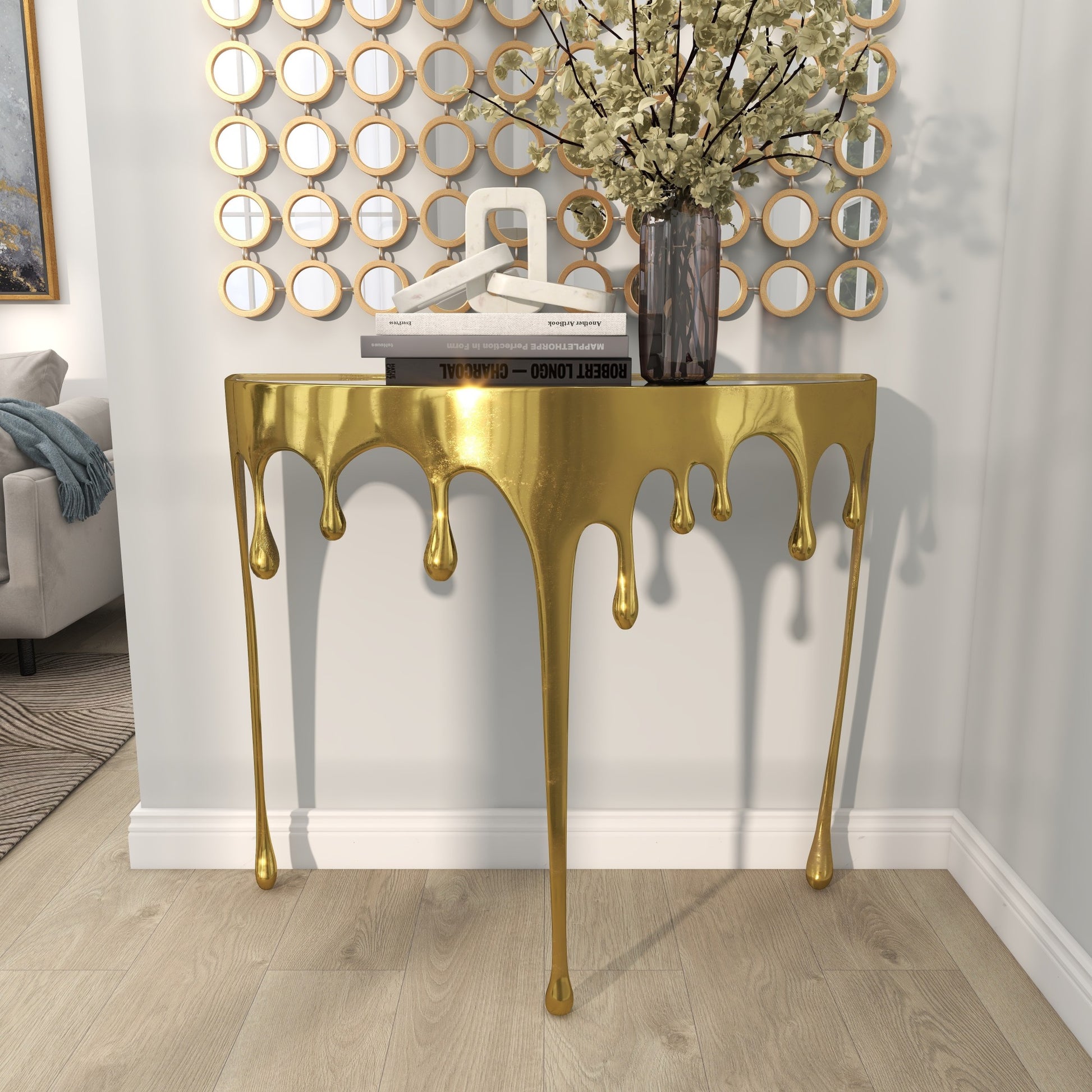 Abstract Aluminum Metal Crescent Drip Living Room Console Table with Melting Design Legs and Glass Top