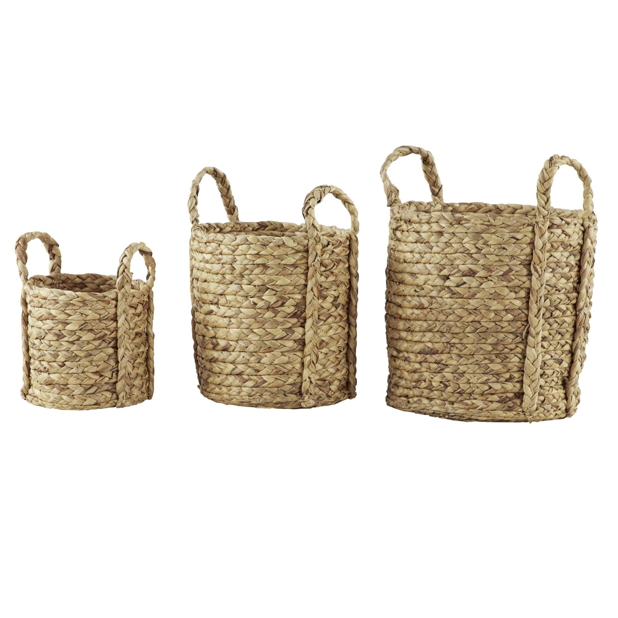 Set of 3 Brown Seagrass Handmade Woven Decorative and Functional Storage Basket with Extended Handles