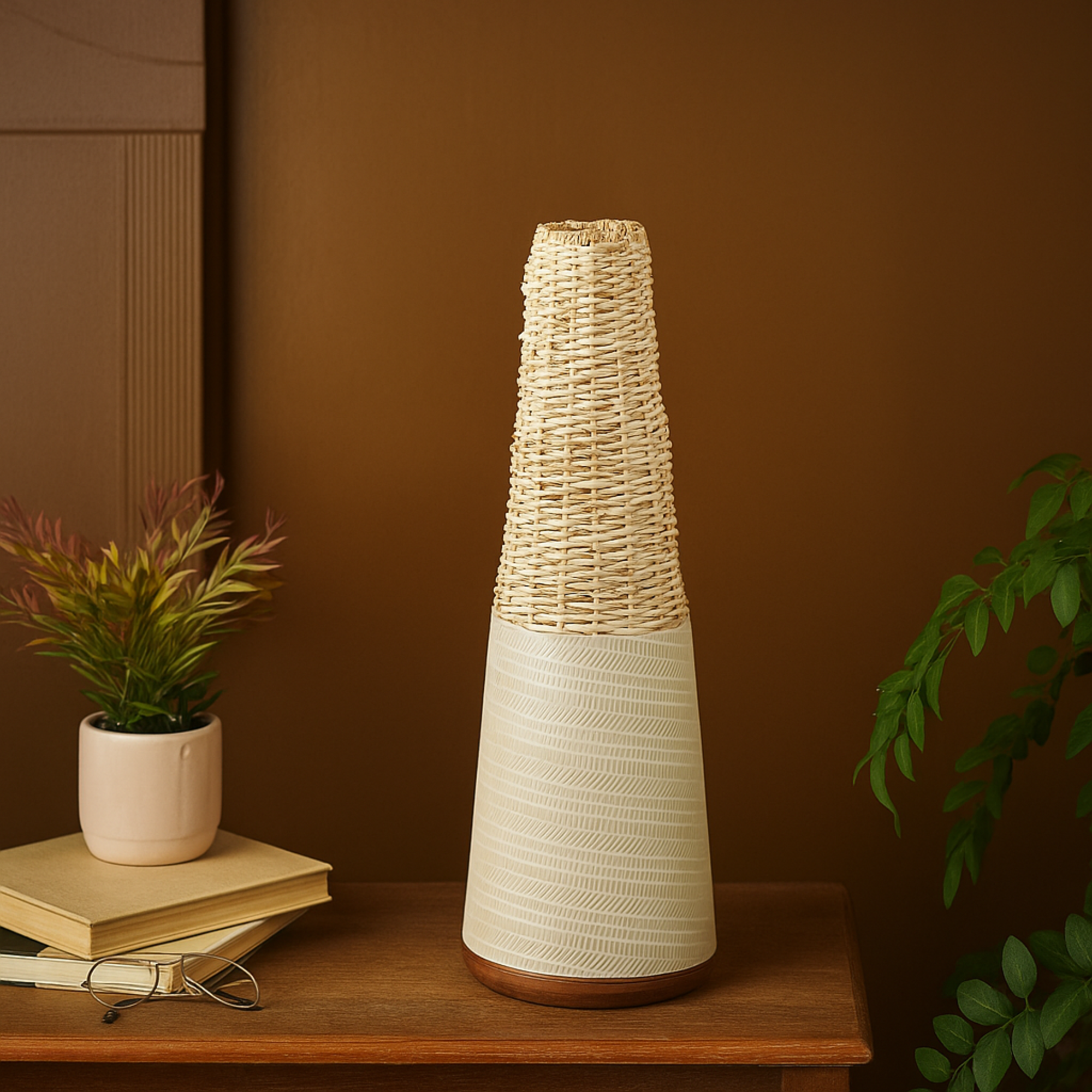 Geometric Light Brown Rattan Handmade Woven Decorative Vase with Beige Metal Base