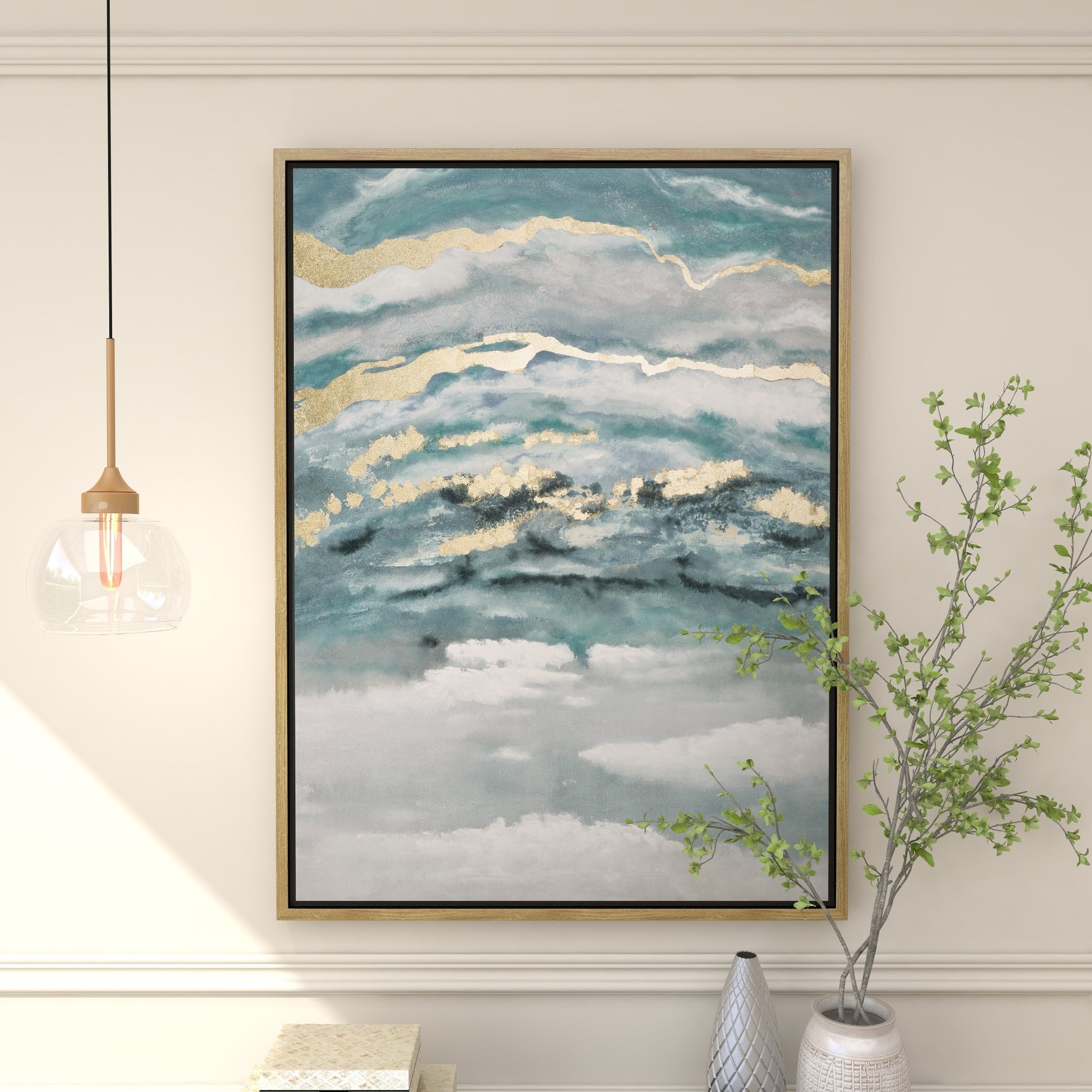 Geode Teal Canvas Enlarge Slice Living Room Framed Wall Art with Gold Frame