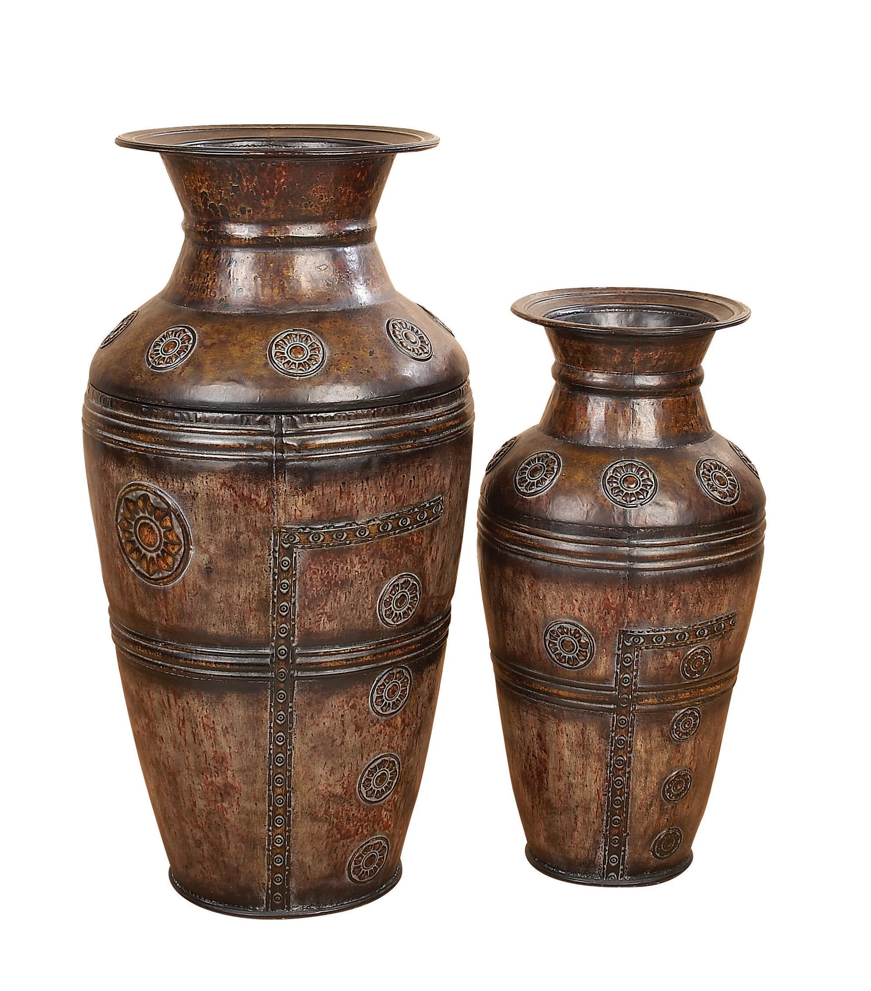 Set of 2 Floral Brown Metal Indoor Outdoor Large Decorative Vase with Evil Eye Relief