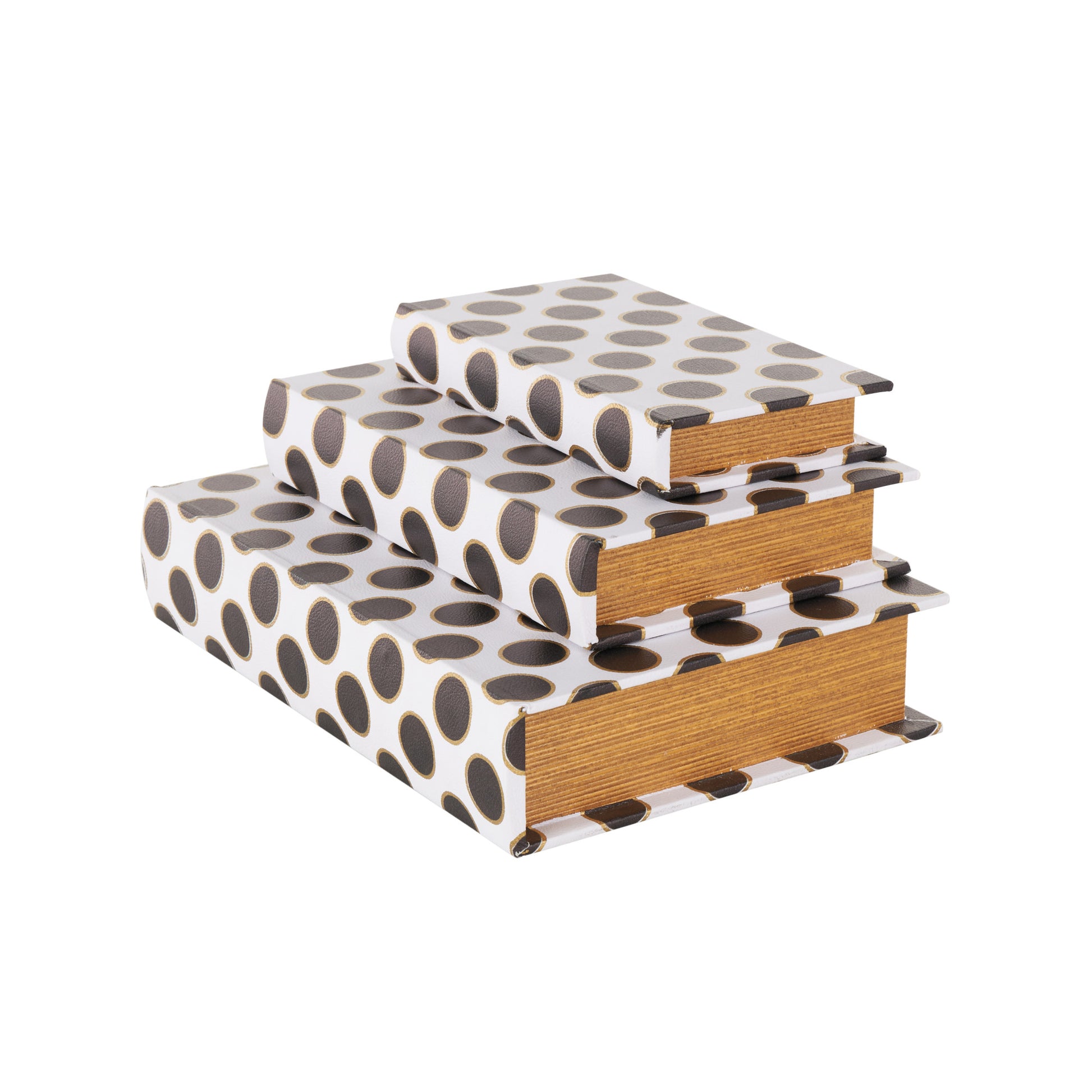 Set of 3 White Faux Leather Polka Dot Faux Book Storage Decorative Box with Black and Metallic Gold Accents