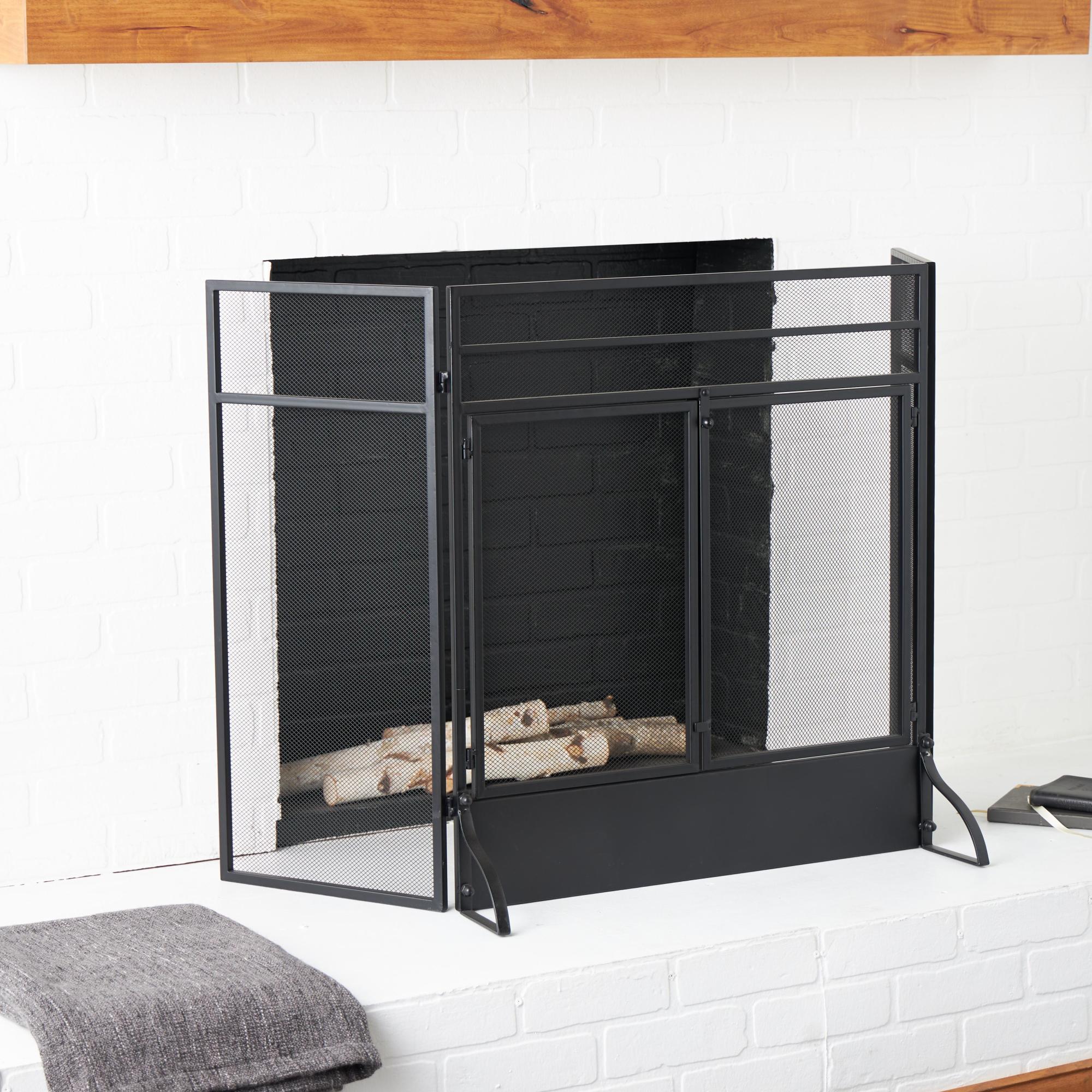 Geometric Black Metal 3 Panel and 2 Door Living Room Fireplace Screen with Mesh Backing