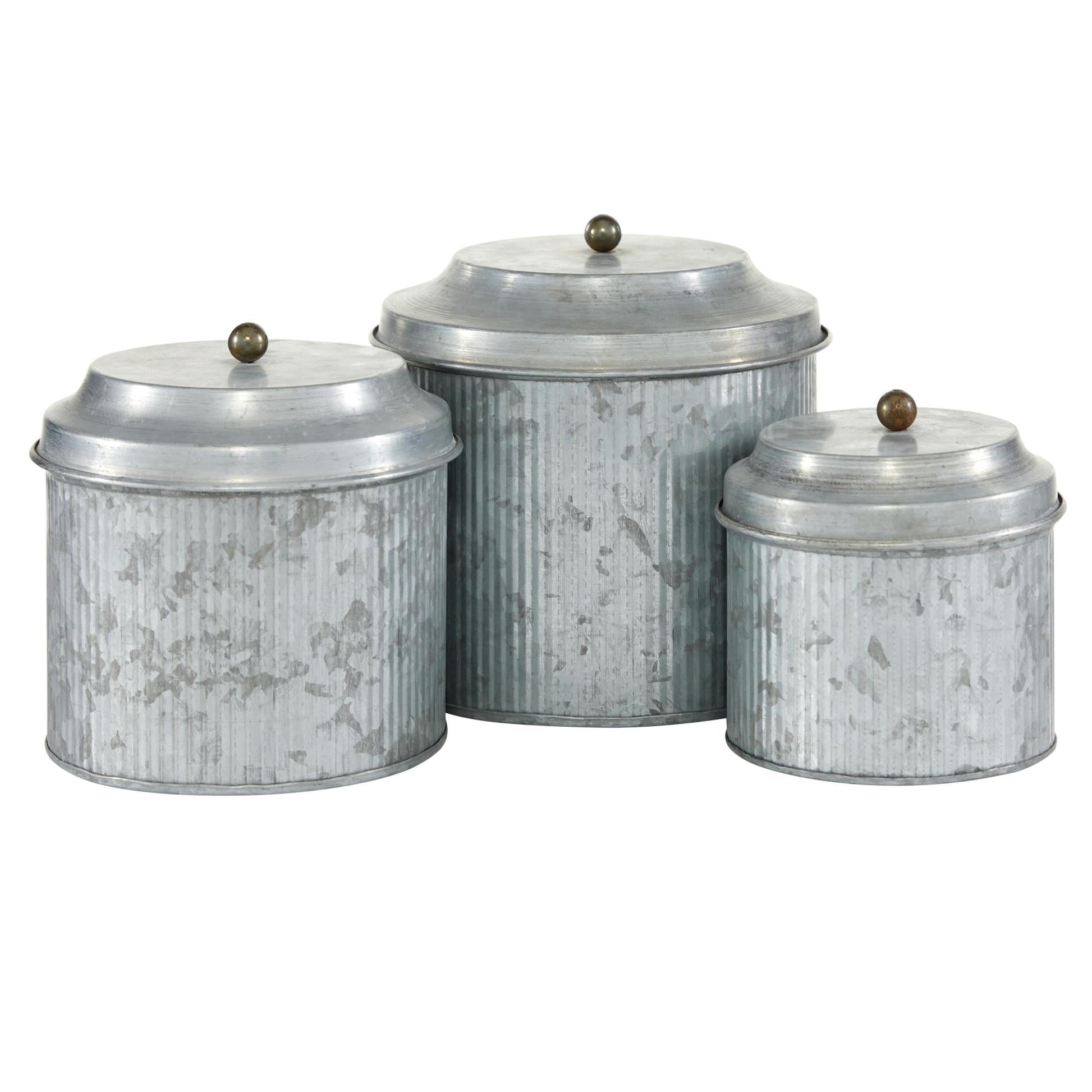 Set of 3 Silver Metal Galvanized Living Room Decorative Jars