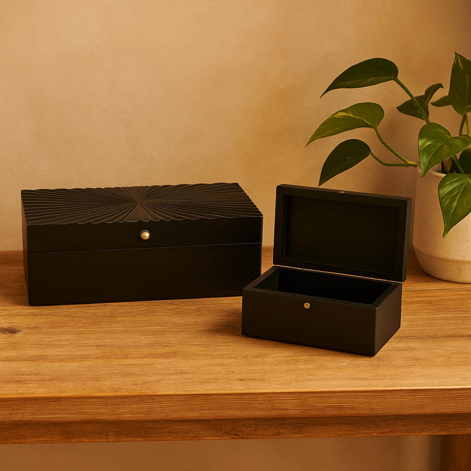 CosmoLiving by Cosmopolitan Set of 2 Starburst Wood Carved Storage Decorative Box with Gold Knobs