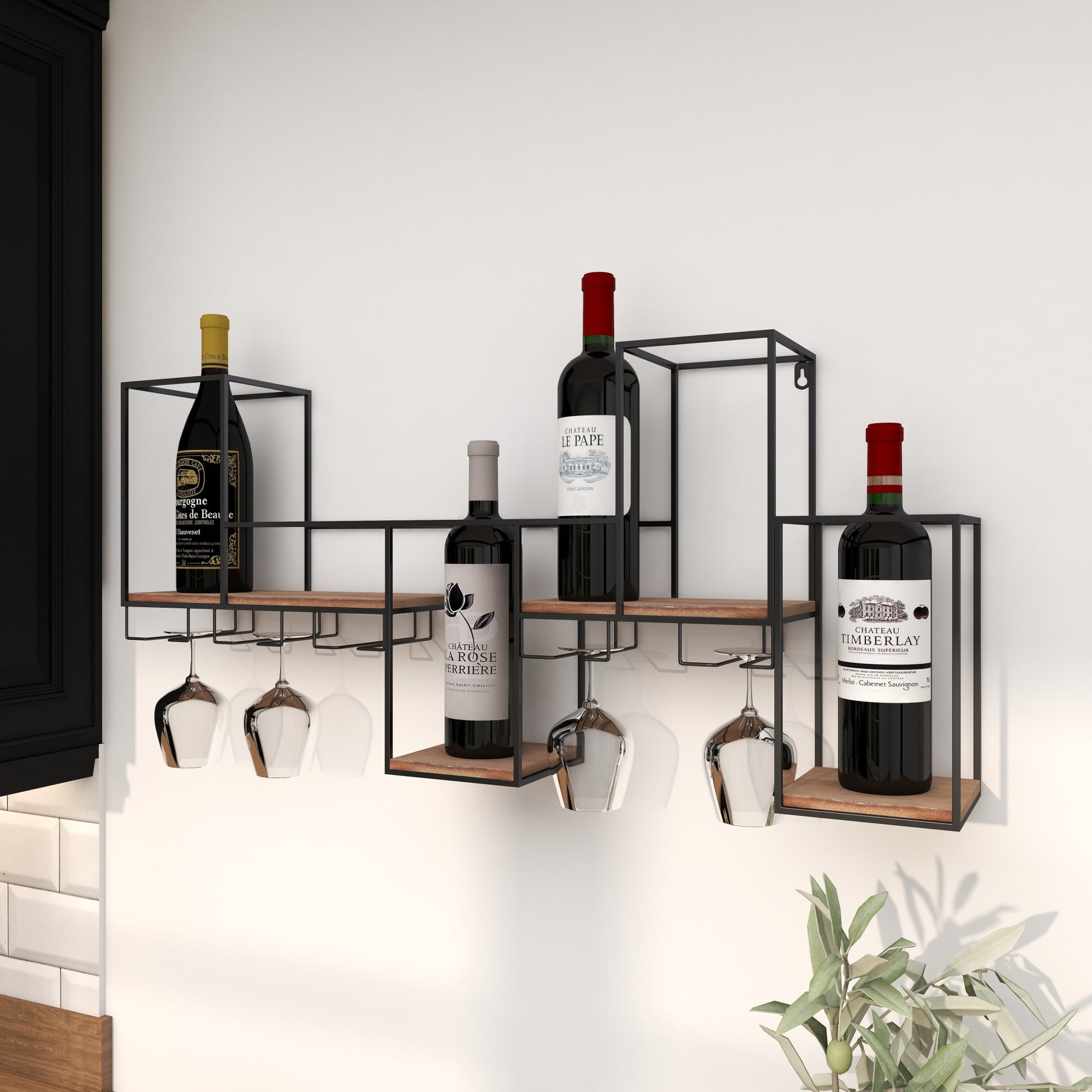 Geometric Black Metal 7 Bottle Display Wall Wine Rack with 5 Glass Holder Slots