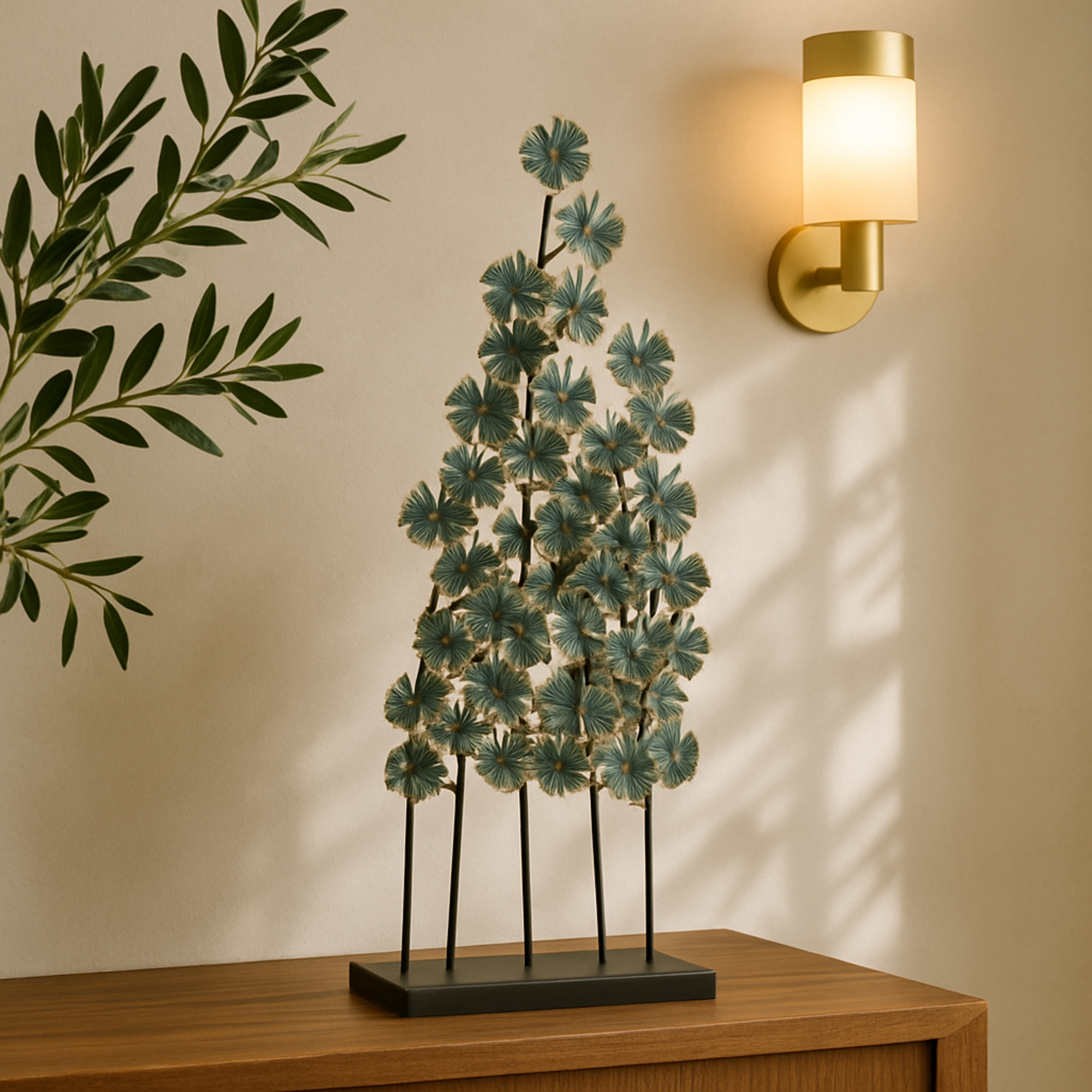 Leaf Teal Metal Decorative Sculpture with Gold Accents