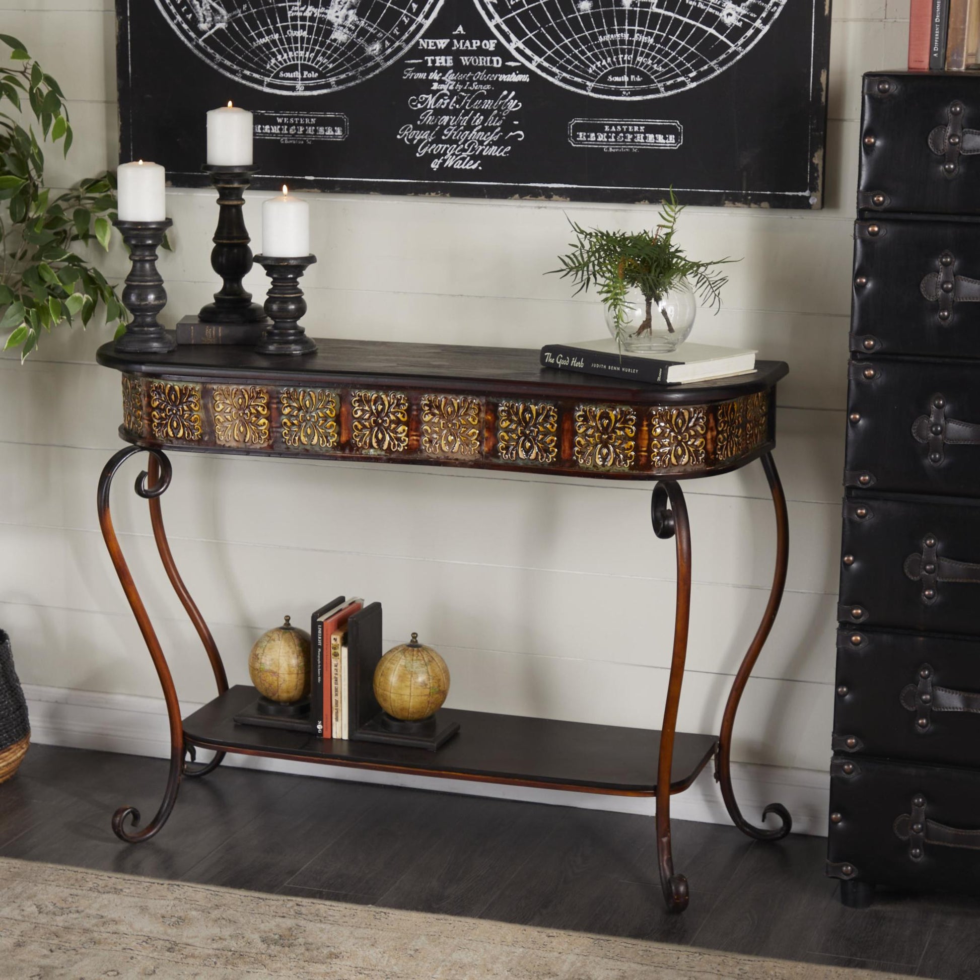 Floral Brown Metal Embossed Living Room Console Table with Ornate Scroll Legs
