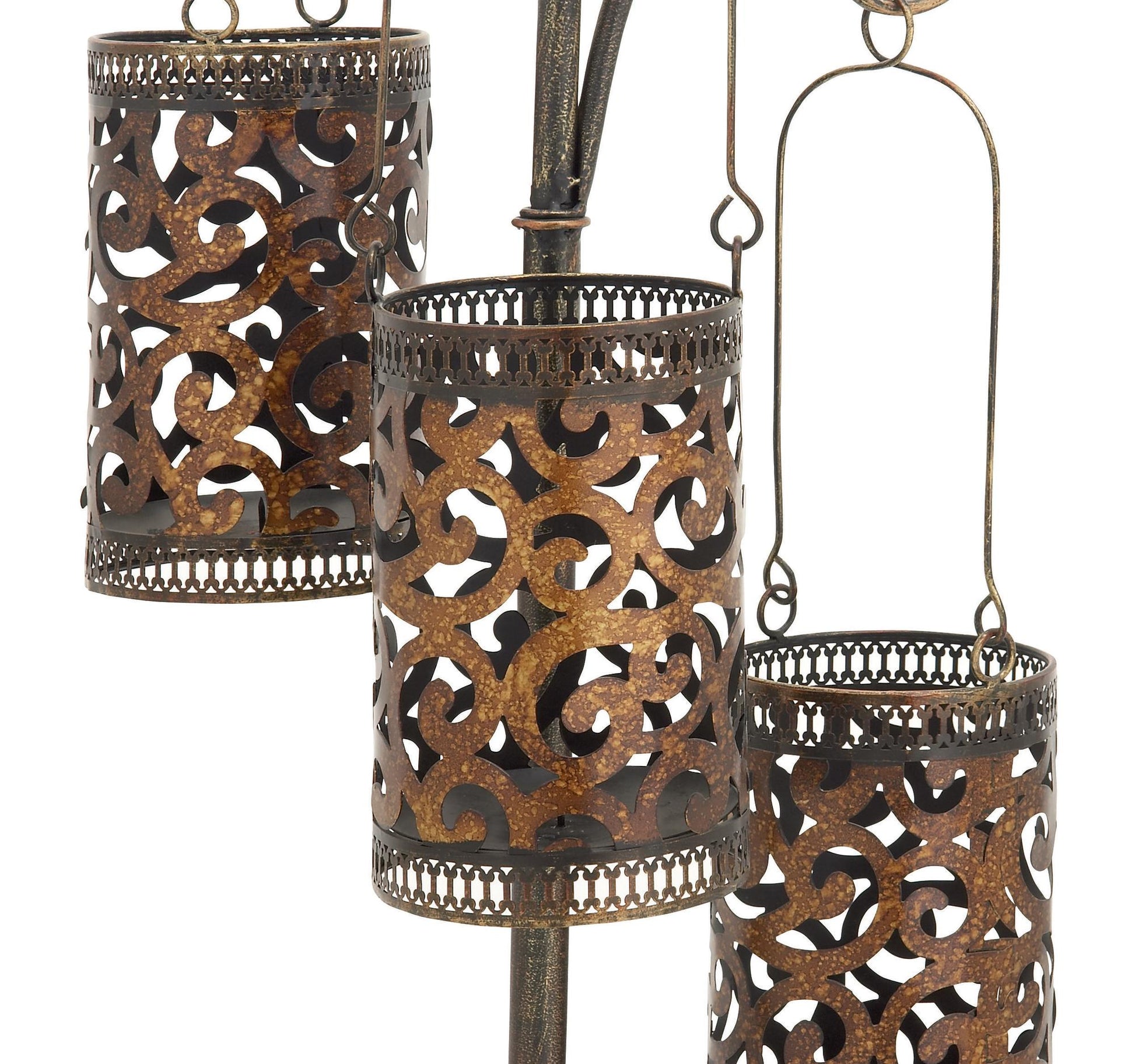 Scroll Brass Metal Perforated Moroccan Standing Floor Indoor Outdoor Candle Lantern with 3 Suspended Holders