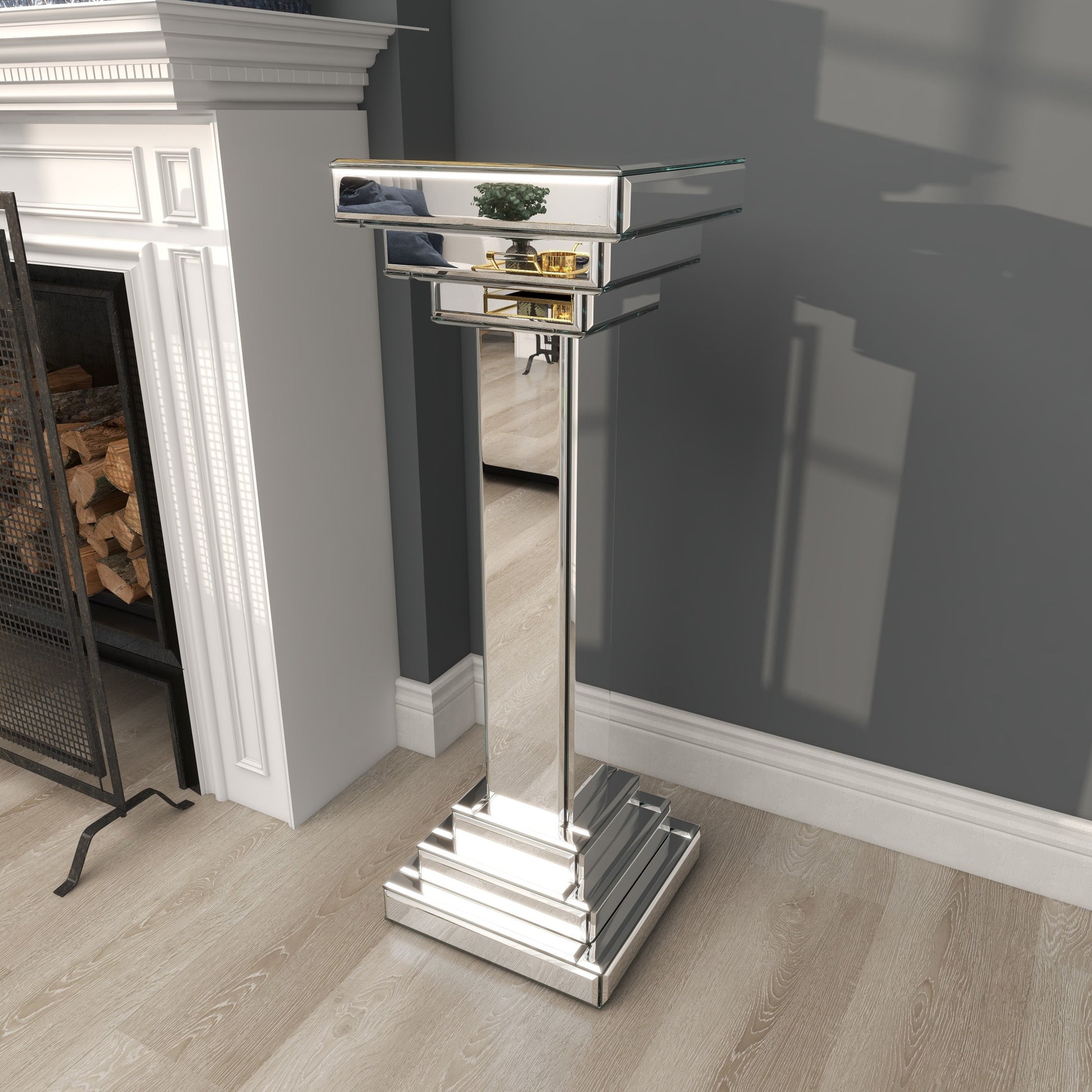 Silver Glass Mirrored Side End Pedestal Table