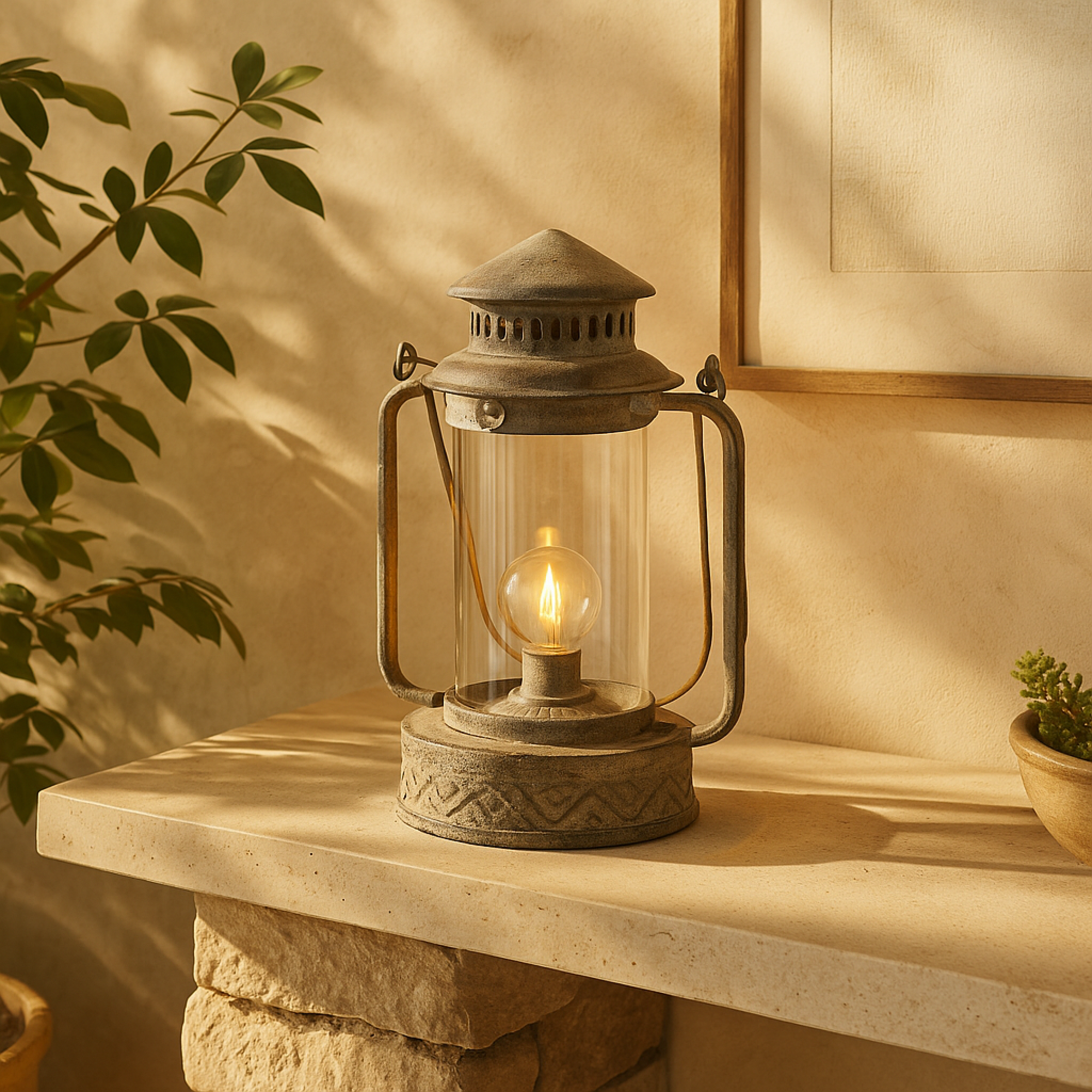 Leaf Bronze Metal Decorative Indoor Outdoor Candle Lantern with Red Accents and Handle