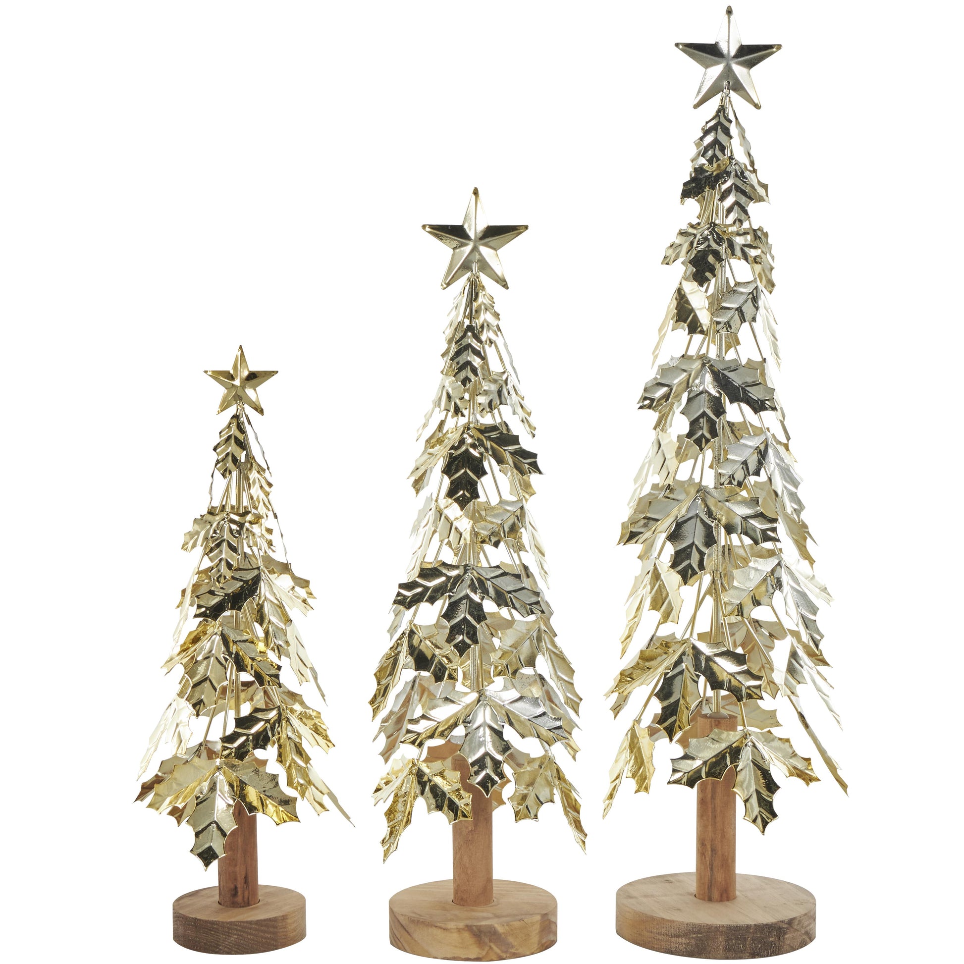 Set of 3 Tree Gold Metal Holiday Layered Decorative Christmas Sculpture with Wooden Base and Star Topper