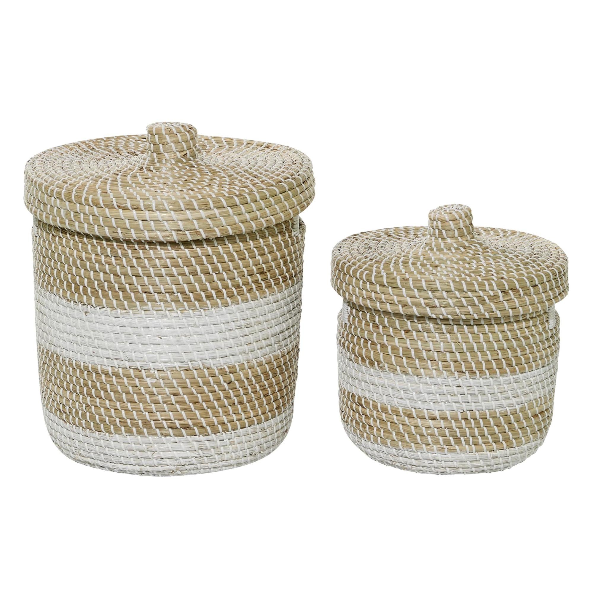 Set of 2 Brown Seagrass Handmade Woven Two-Toned White Decorative and Functional Storage Basket with Matching Lids