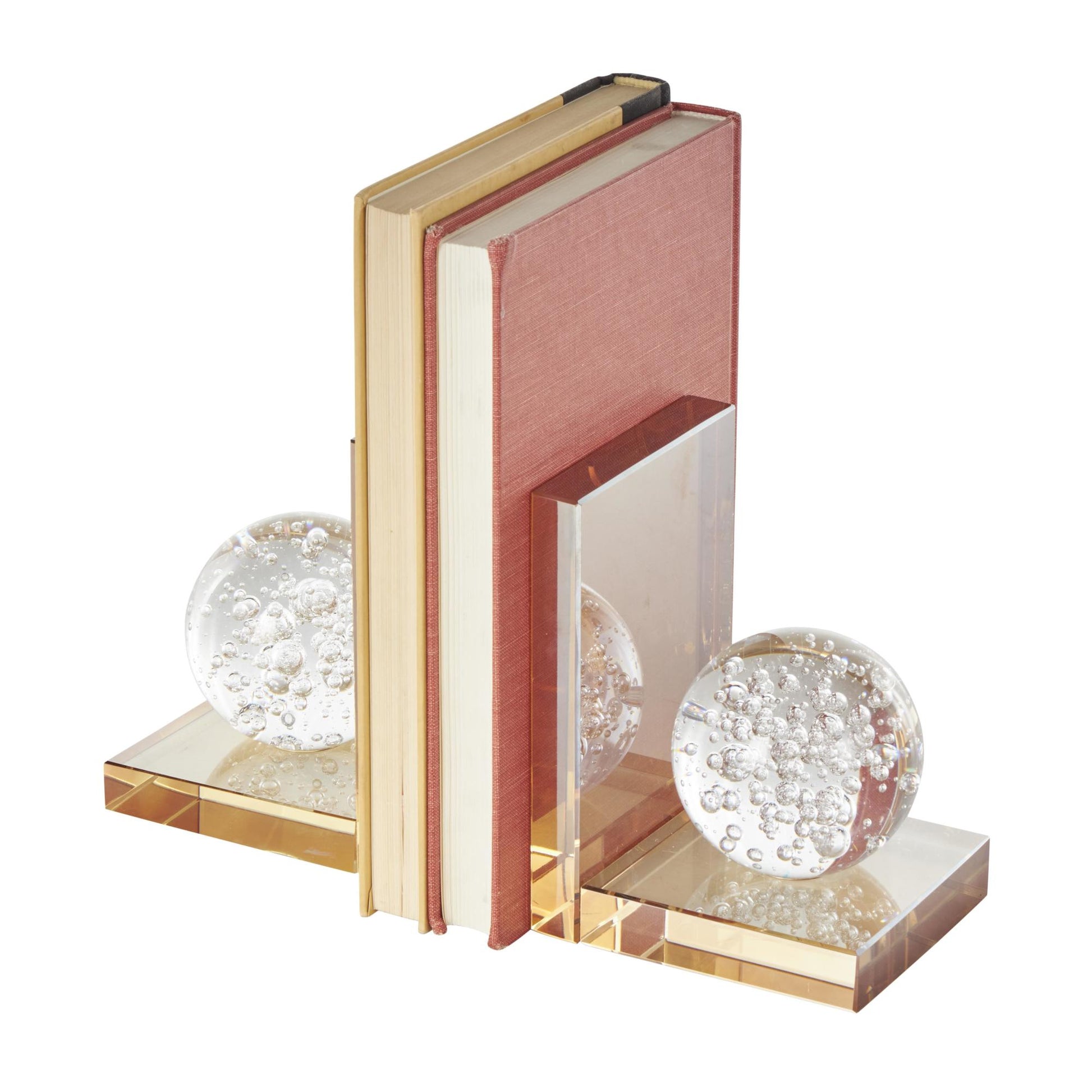 Set of 2 Geometric Gold Glass Decorative Bookends with Clear Orbs and Bubble Texturing