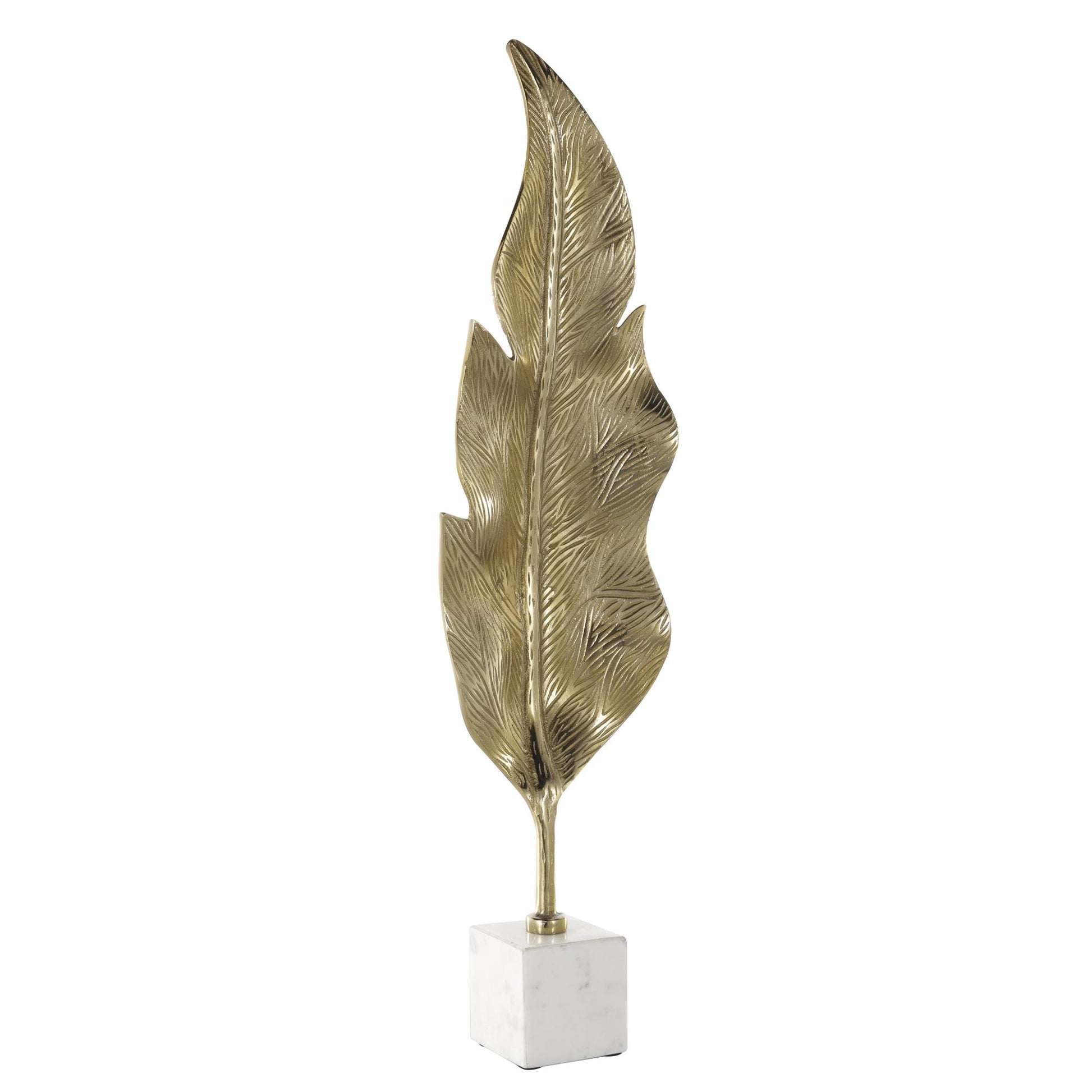 Leaf Gold Aluminum Metal Tall Textured Decorative Sculpture with White Marble Base