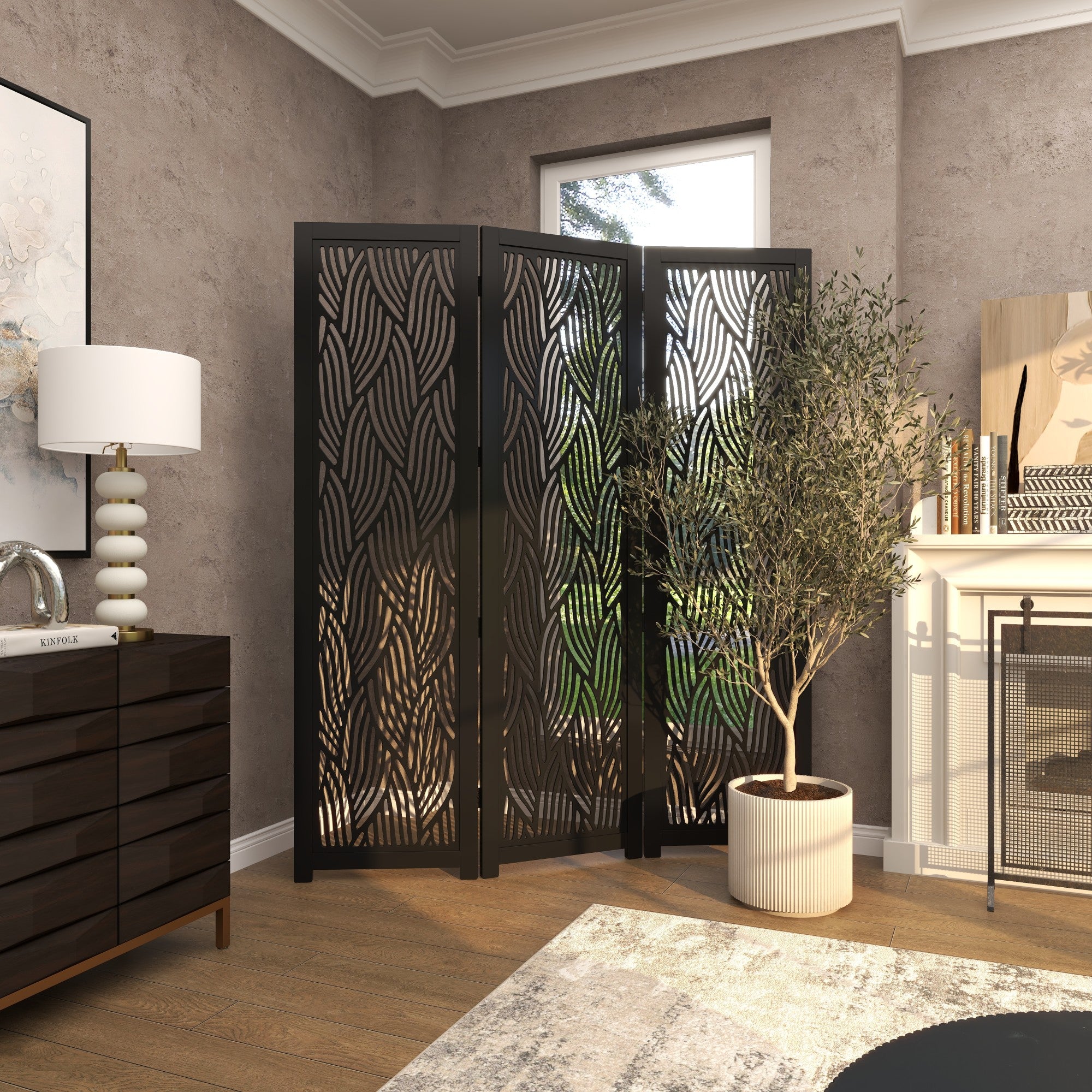 Abstract Black Mango Wood Wavy Cutout 3 Panel Partition Room Divider Screen