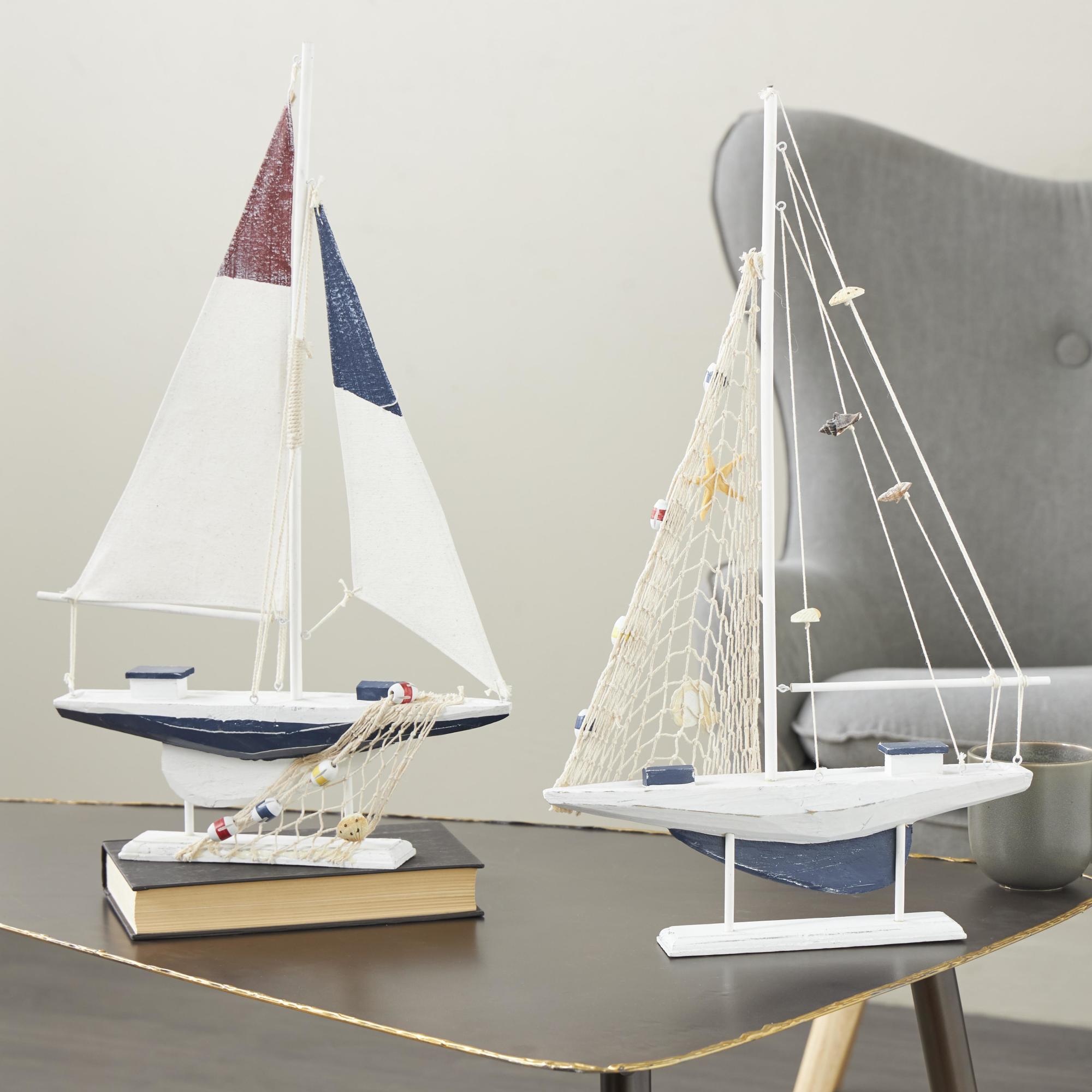 Set of 2 Sail Boat White Wood Handmade Decorative Sculpture