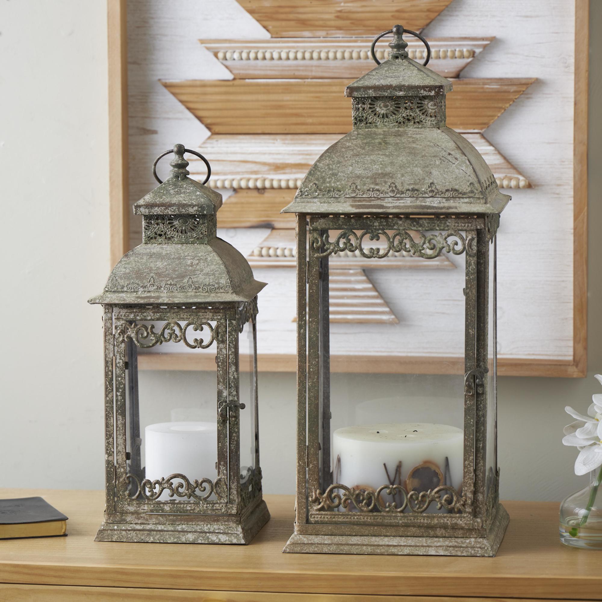 Set of 2 Scroll Brown Metal Distressed Vintage Inspired Indoor Outdoor Candle Lantern
