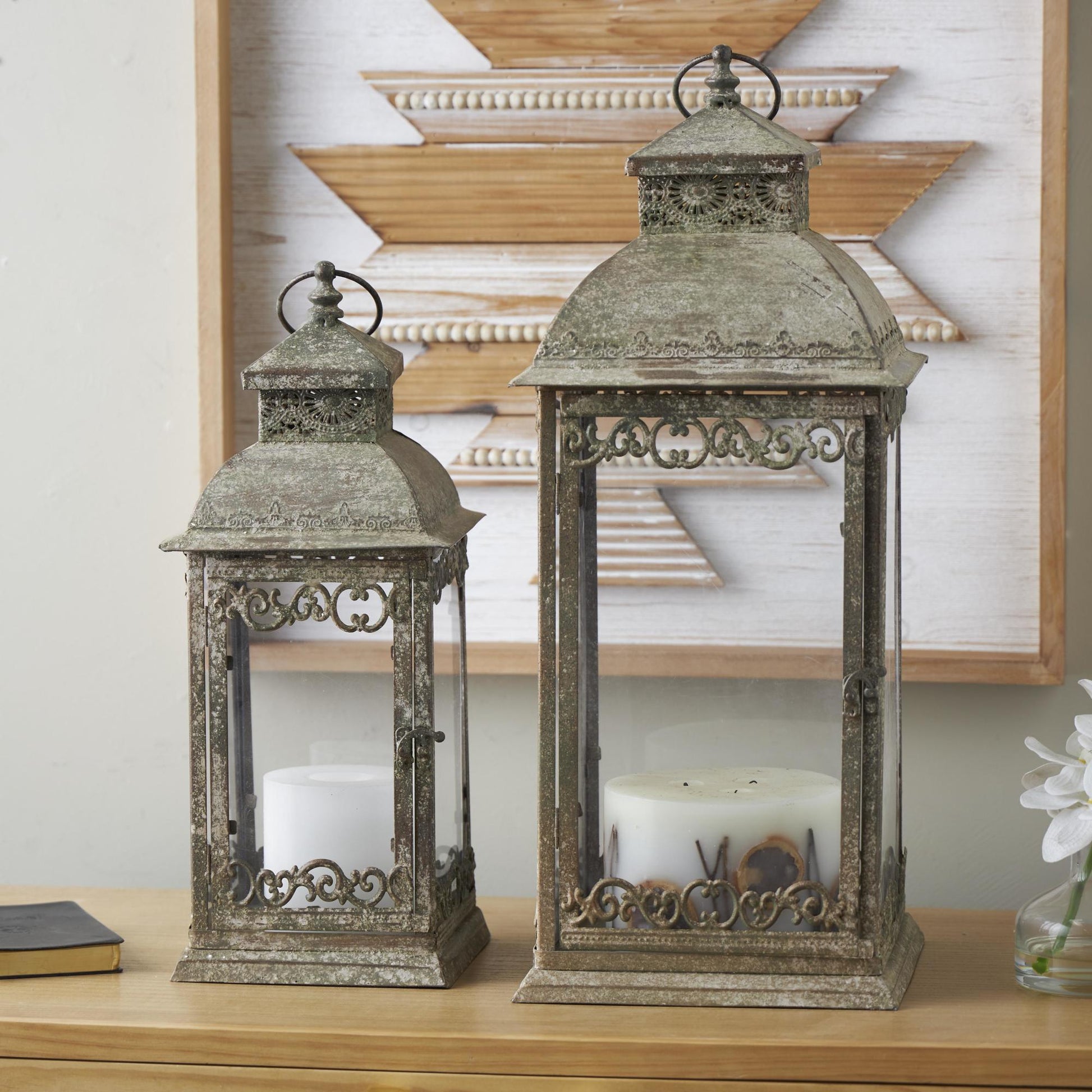 Set of 2 Scroll Brown Metal Distressed Vintage Inspired Indoor Outdoor Candle Lantern