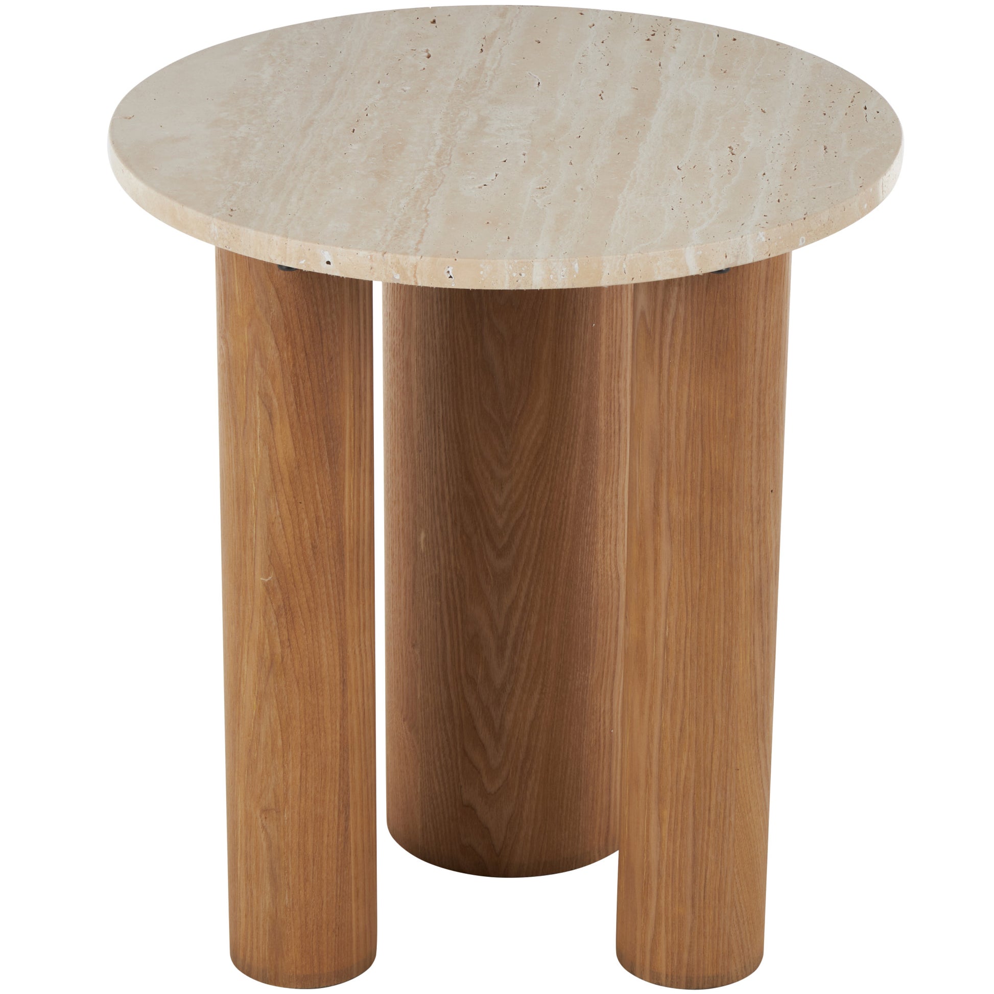 Brown Wood Side End Accent Table with Beige Round Marble Tabletop